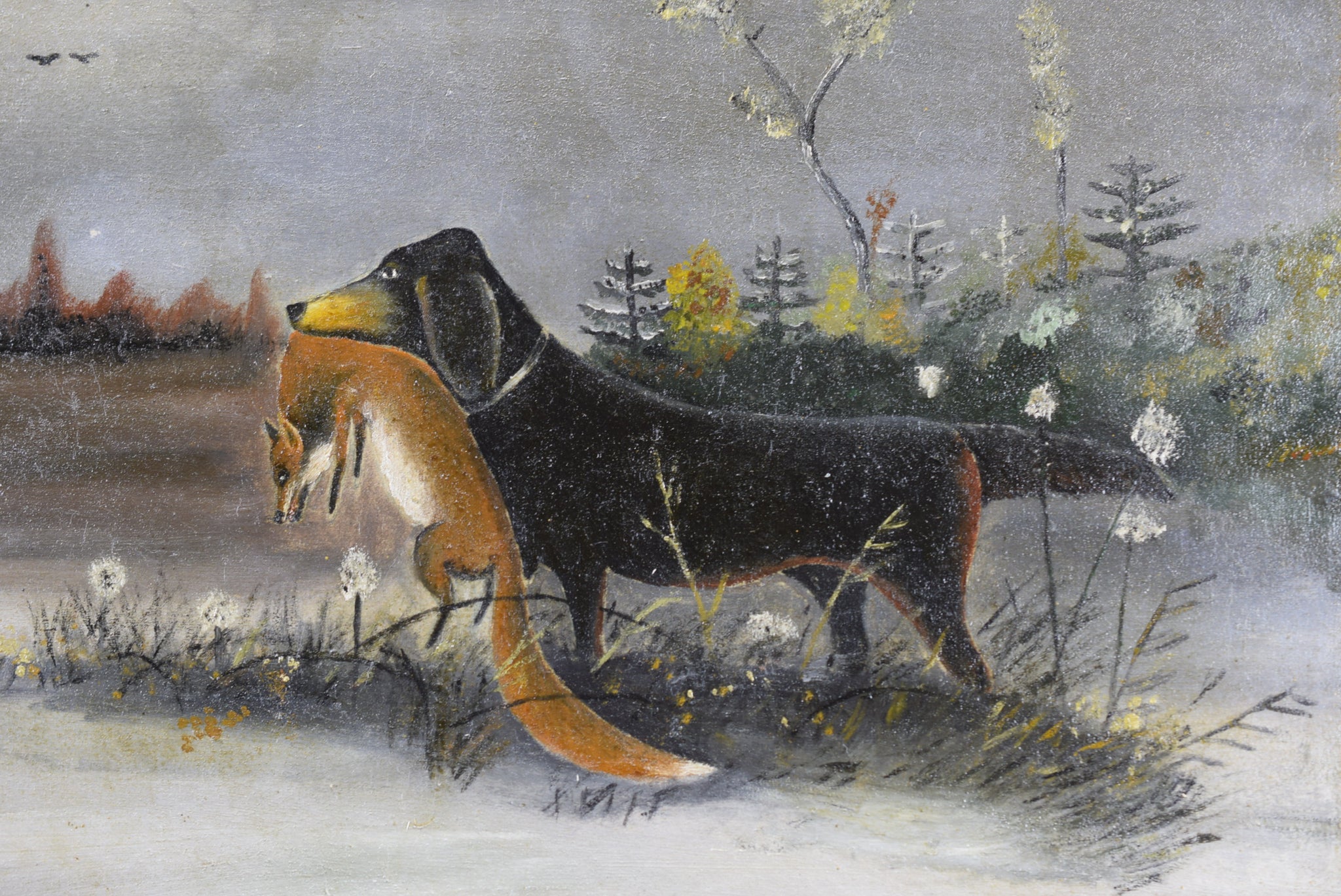 Vintage French Painting Hunting Dog Fox Snow Signed Naive School
