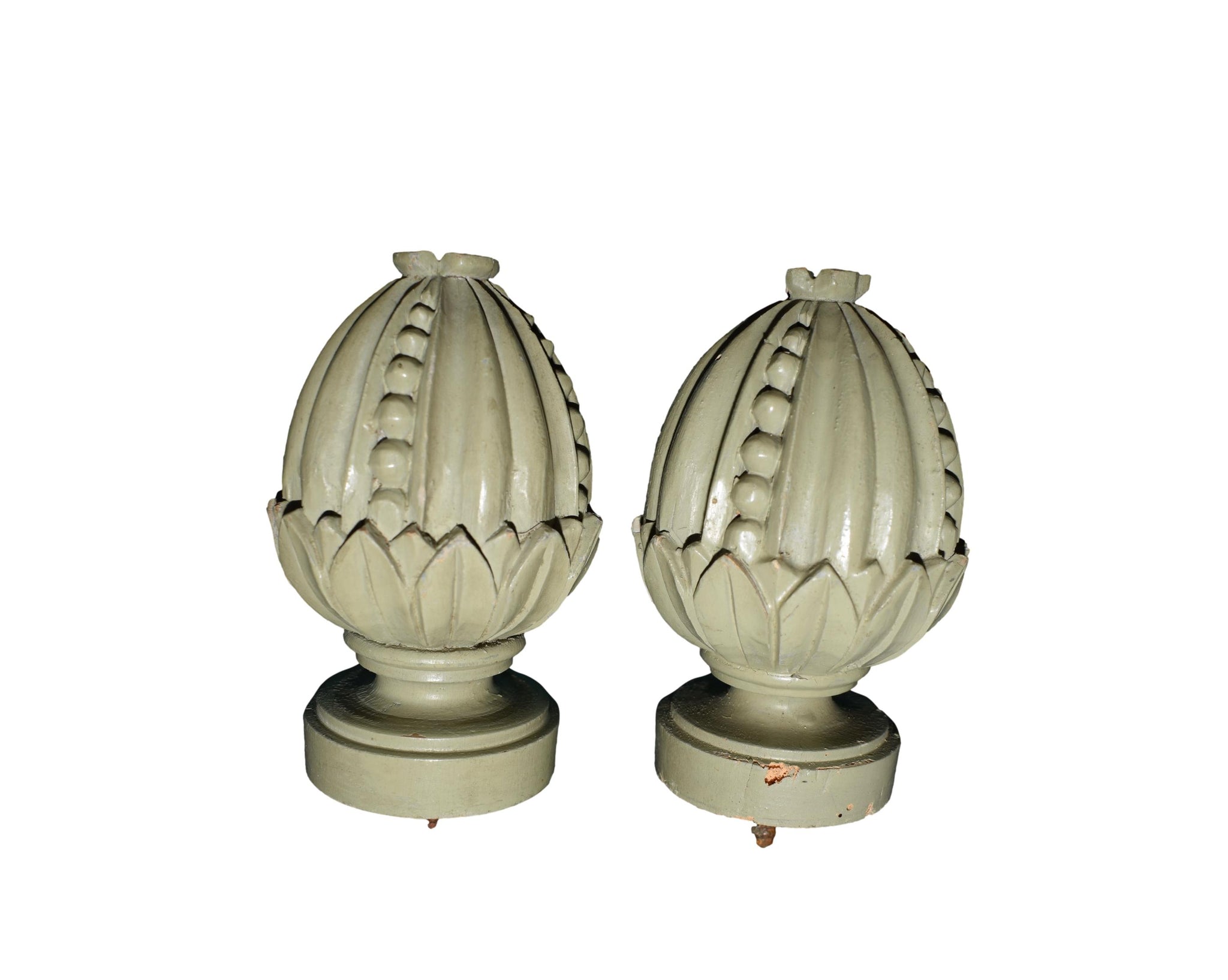 Gustavian Pair of Painted Wood Pineapple Finials, Bed Finials, Salvage Wood, Curtain Rod Finials