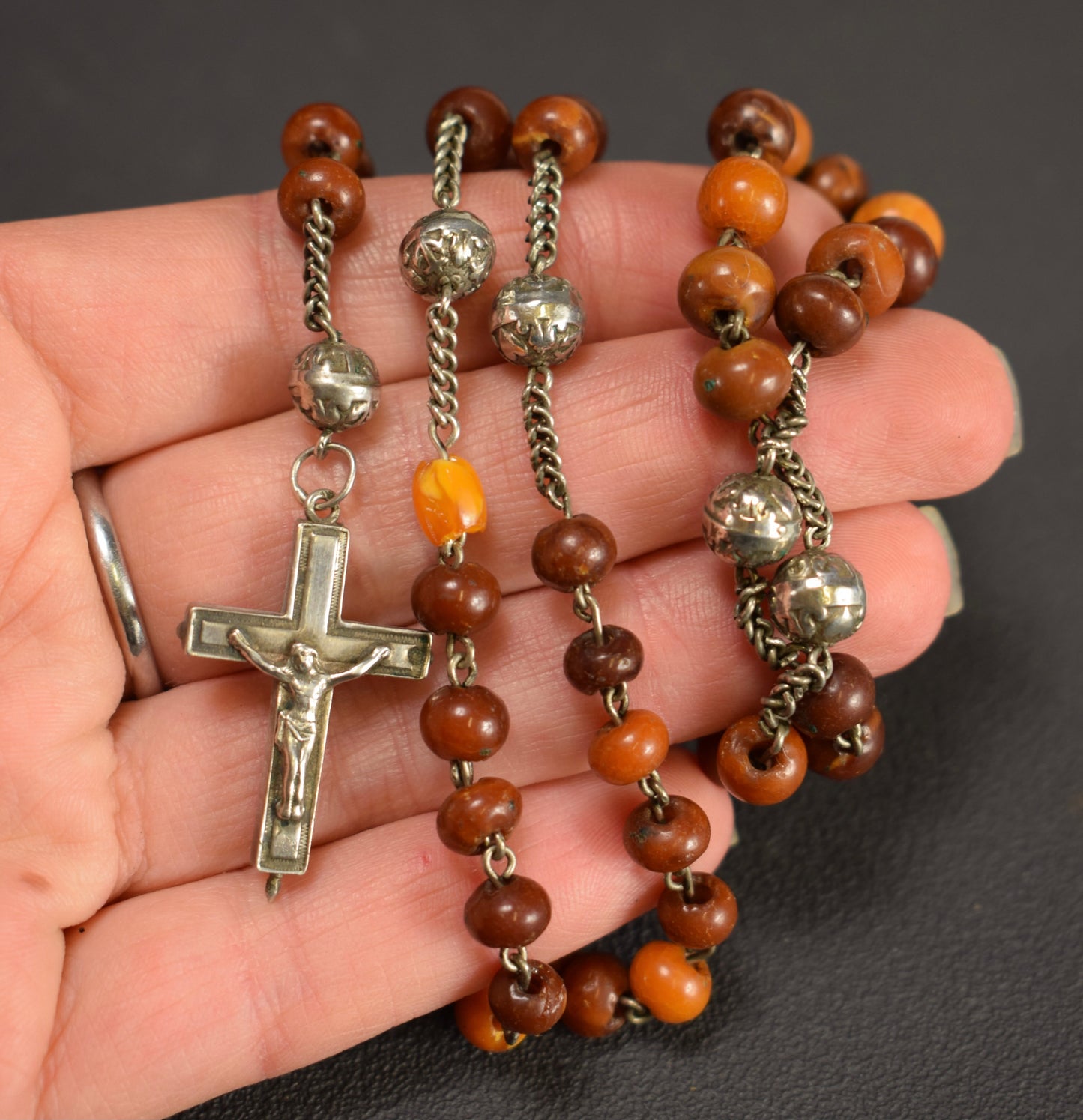C19th Antique Baltic Cherry Amber Sterling Silver Rosary Reliquary Cross