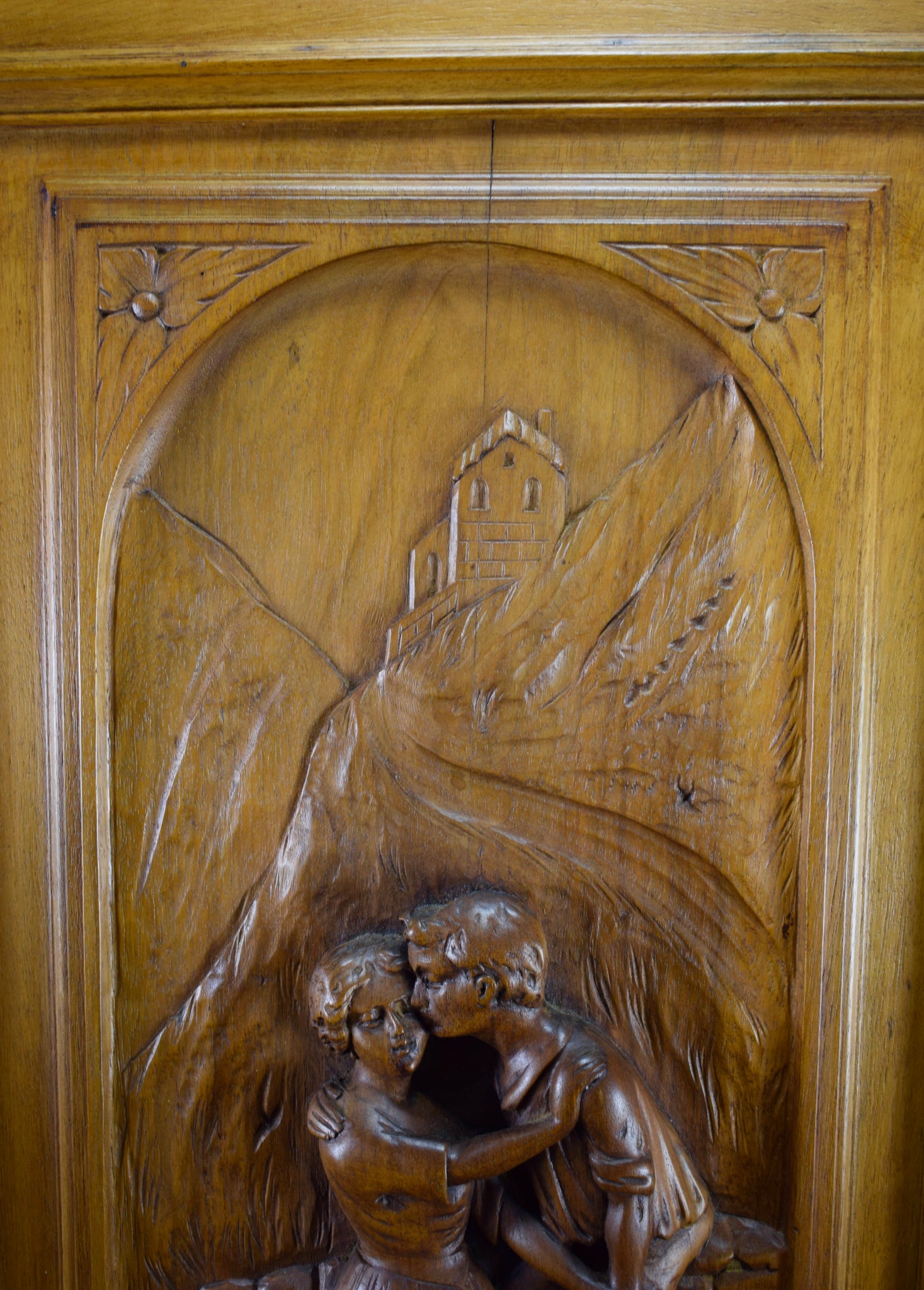 Large Hand Carved Wood Cupboard Door Couple