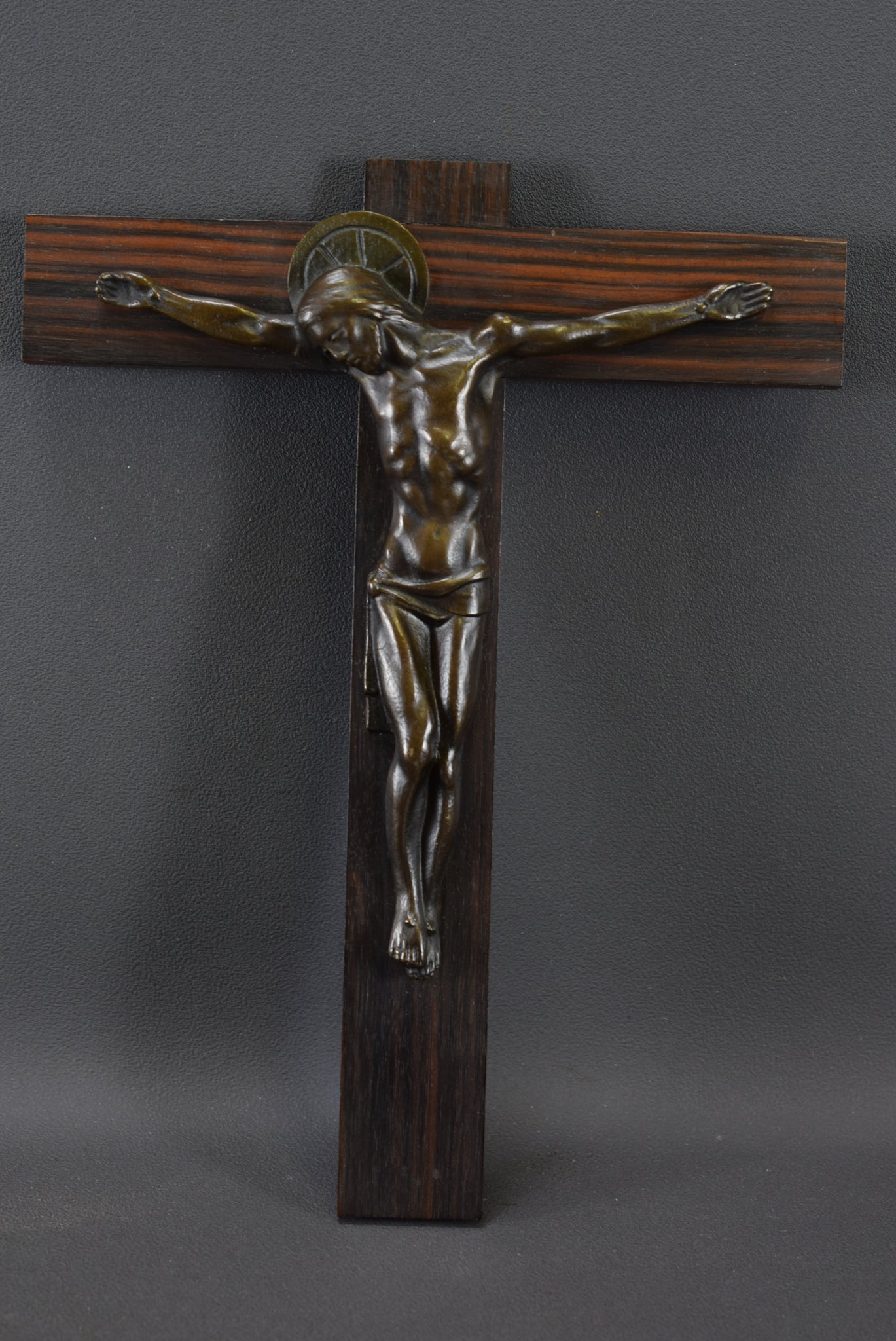 Art Deco Bronze Wall Cross Crucifix by Hartmann 10" French