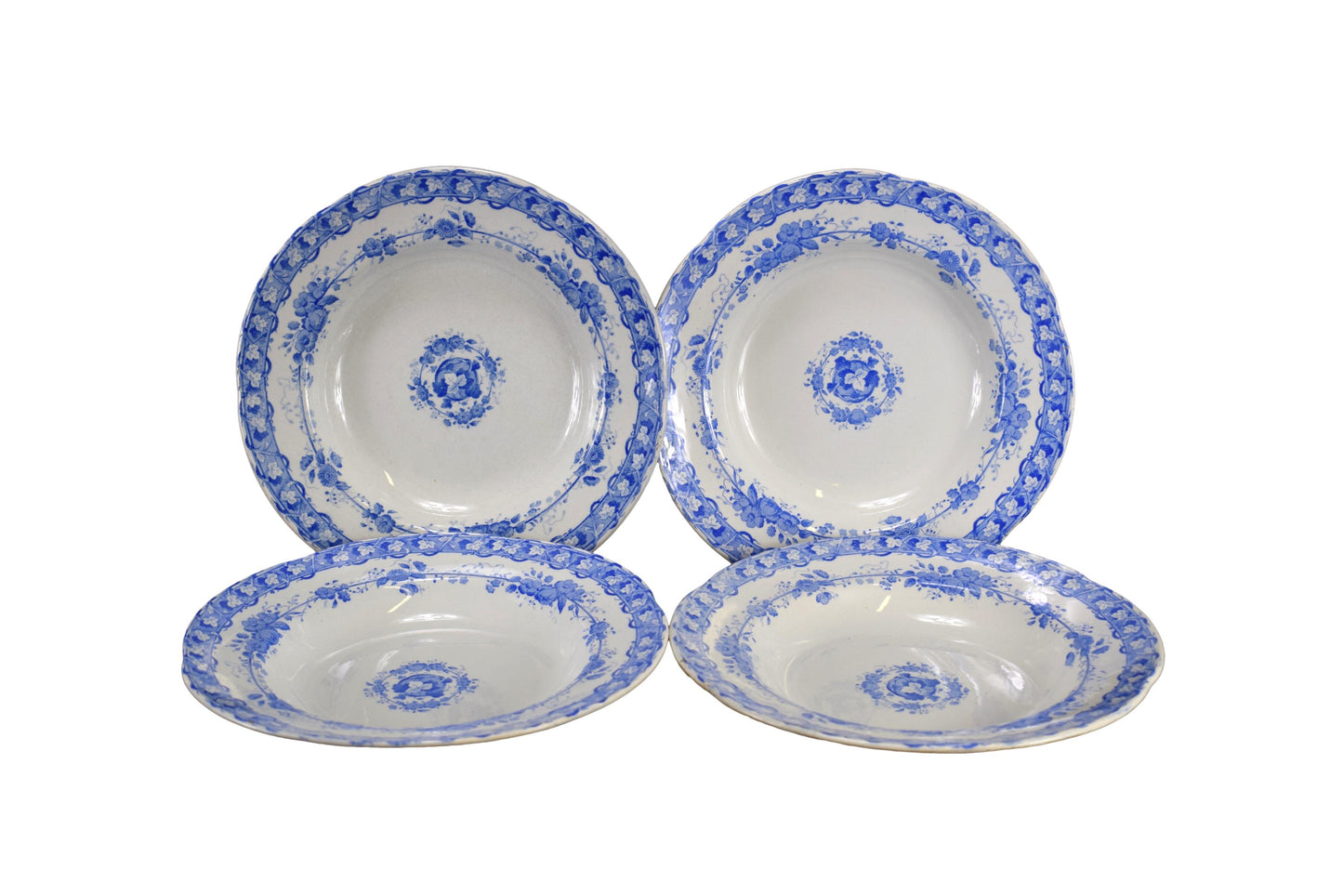 Creil & Montereau Blue Transferware Set of 4 Soup Plates Vine