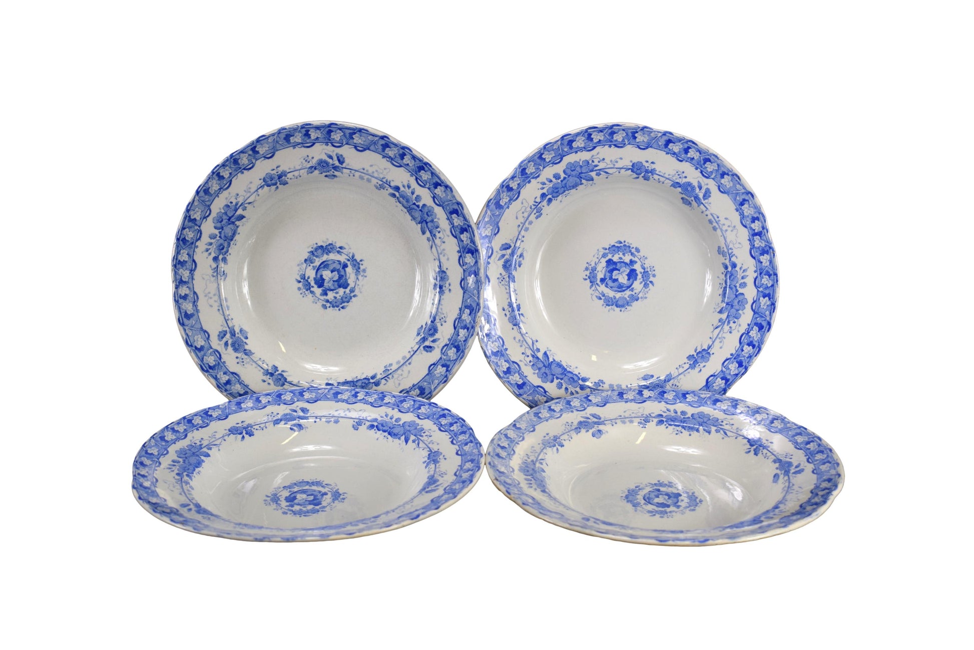 Creil & Montereau Blue Transferware Set of 4 Soup Plates Vine