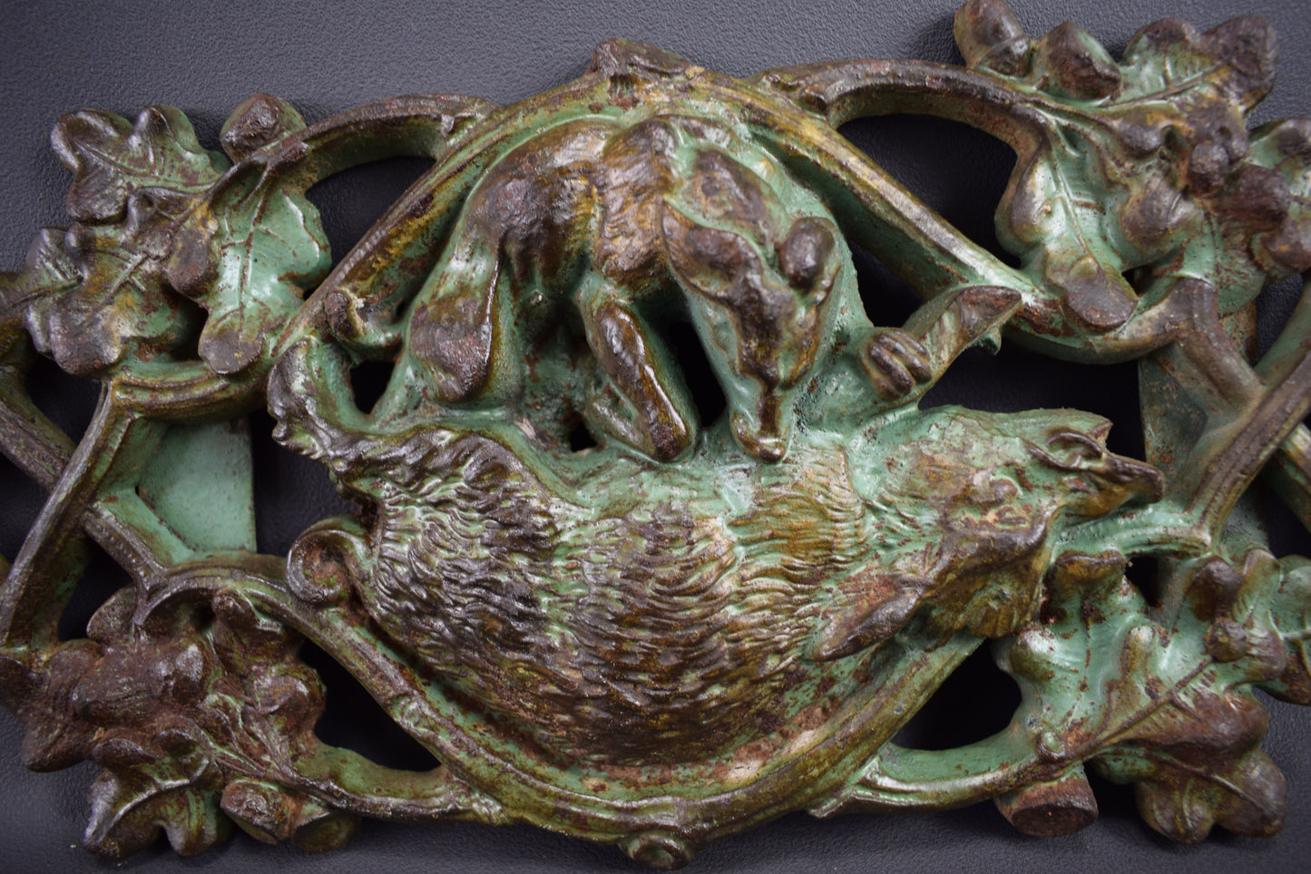 Antique French Cast Iron Scene Of Hunting Boar & Wolf Panel Pediment