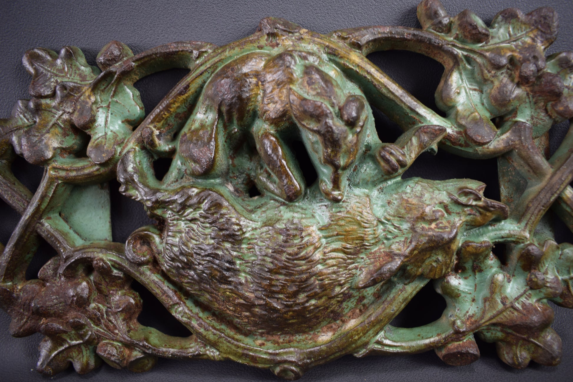 Antique French Cast Iron Scene Of Hunting Boar & Wolf Panel Pediment