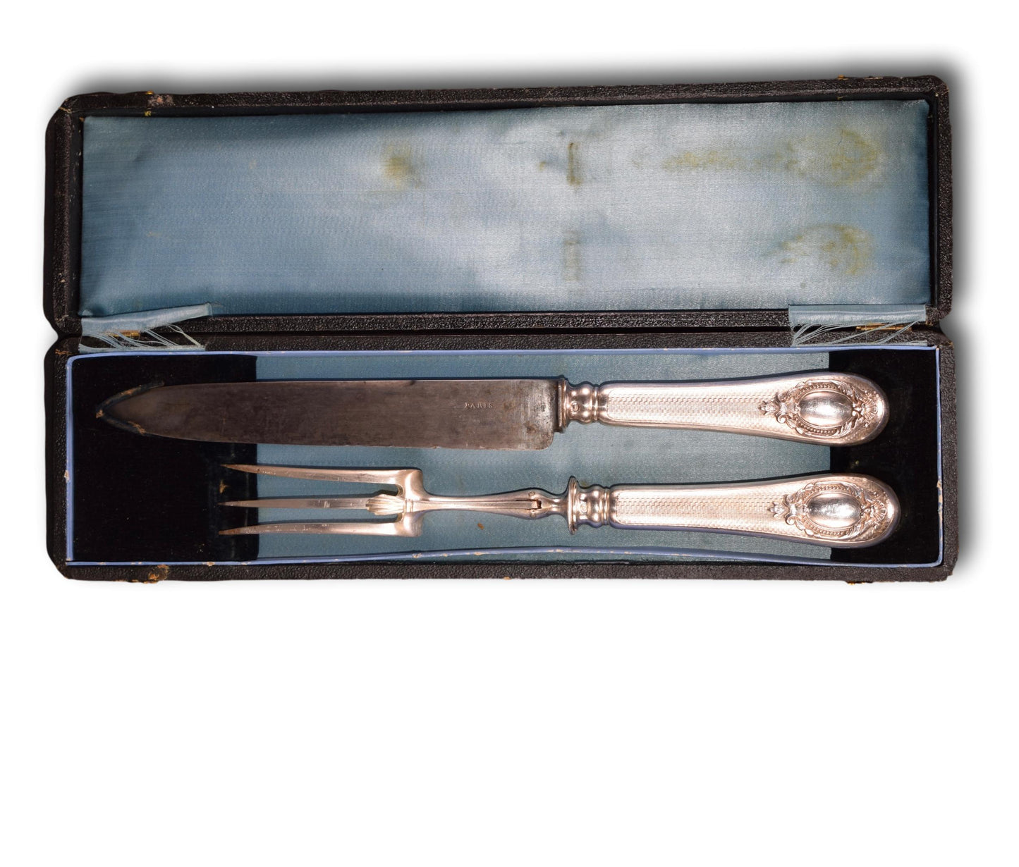 2pc Silver Carving Set Knife Vintage French Guilloche Silver