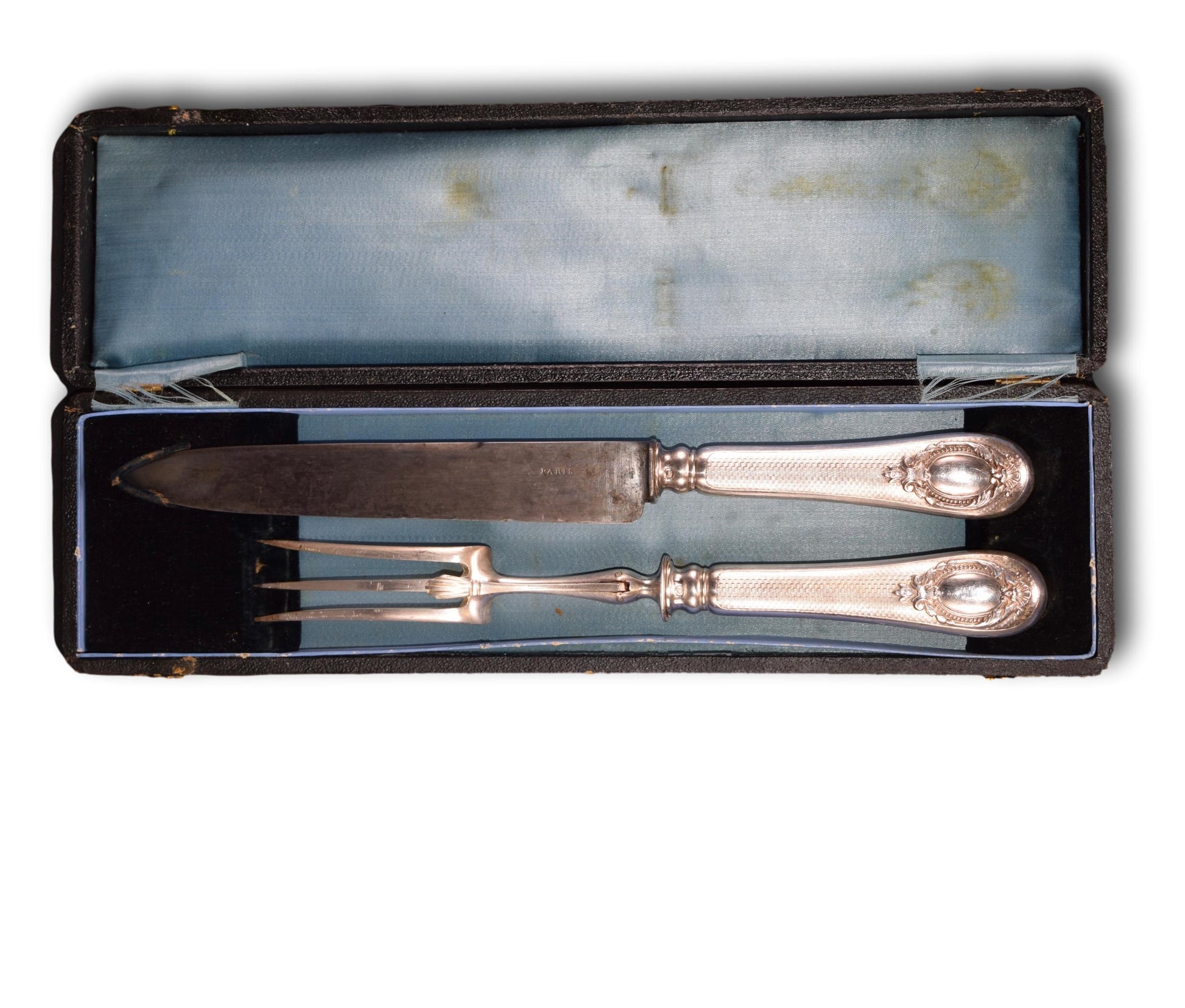 2pc Silver Carving Set Knife Vintage French Guilloche Silver