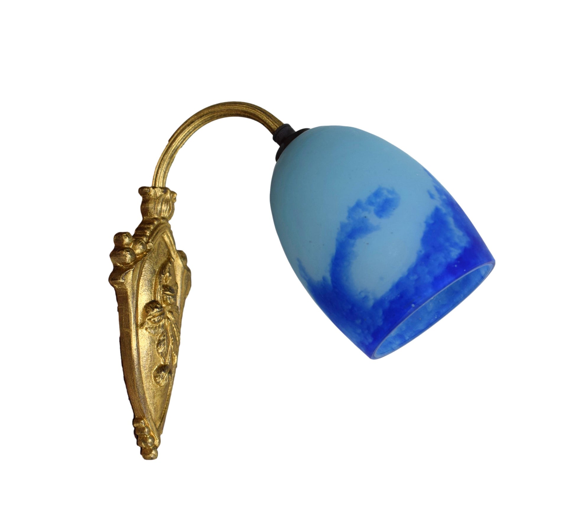 Bronze Wall Sconce with Blue Glass Lamp Shade, Art Deco Wall Lighting, French Vintage