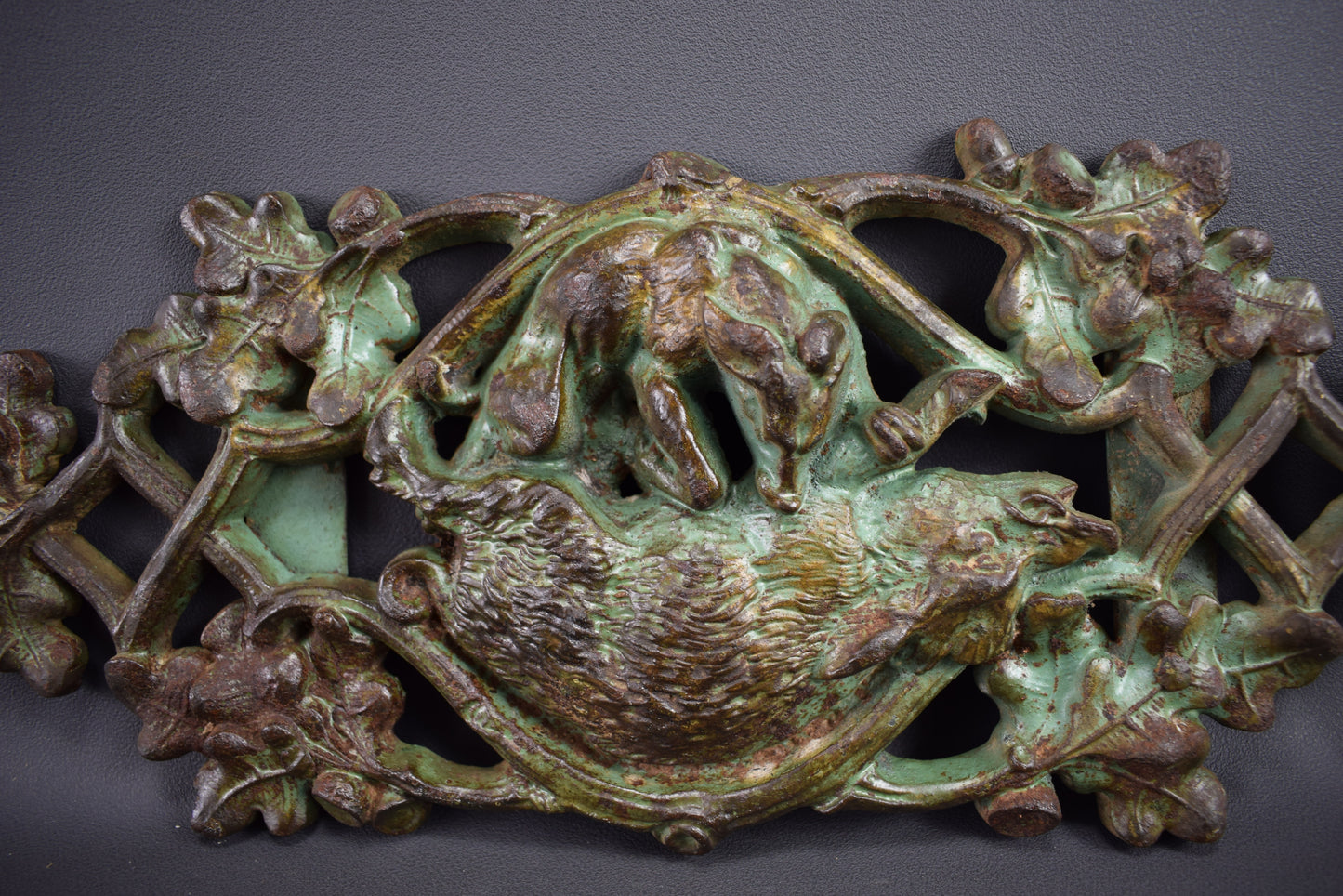 Antique French Cast Iron Scene Of Hunting Boar & Wolf Panel Pediment