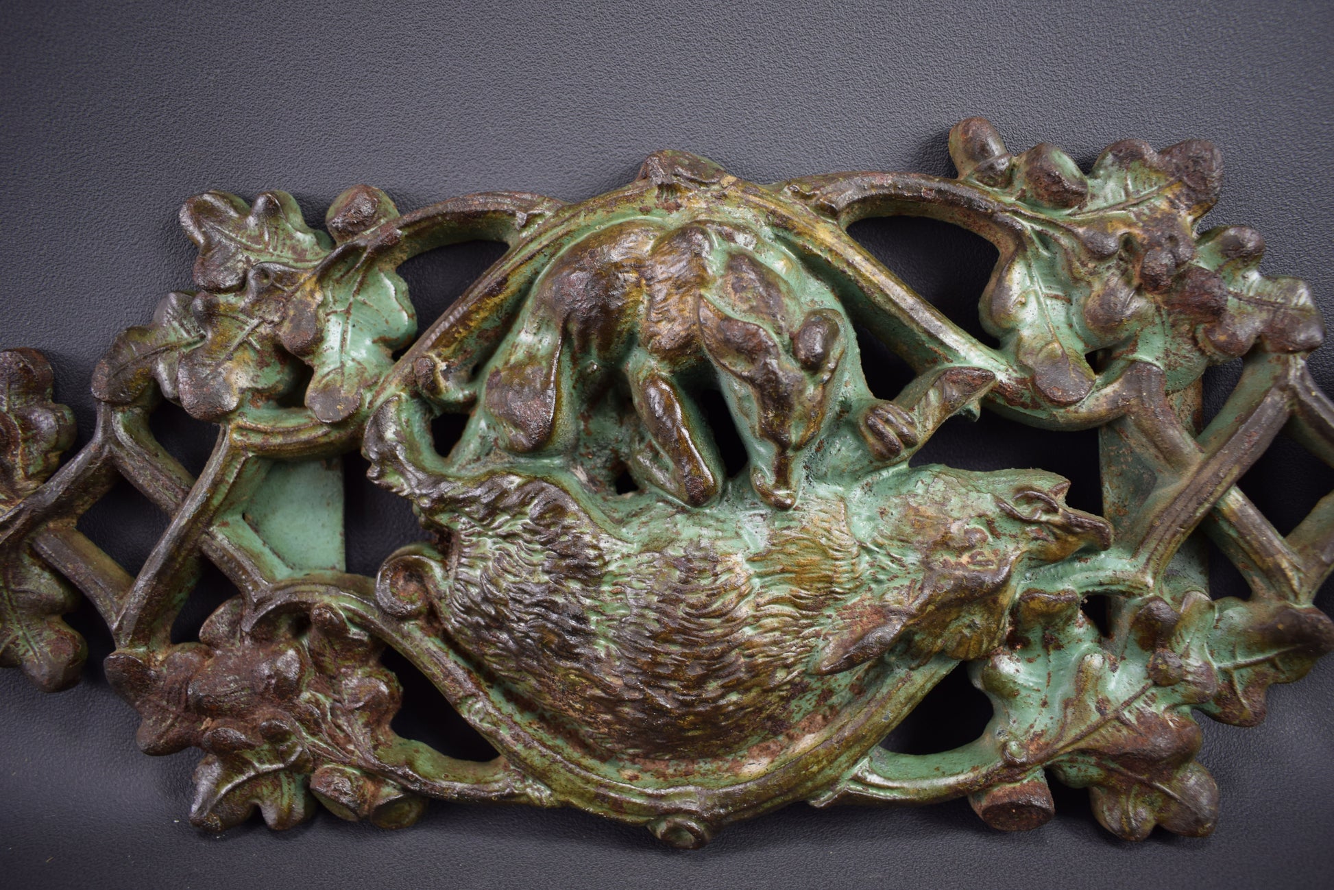 Antique French Cast Iron Scene Of Hunting Boar & Wolf Panel Pediment