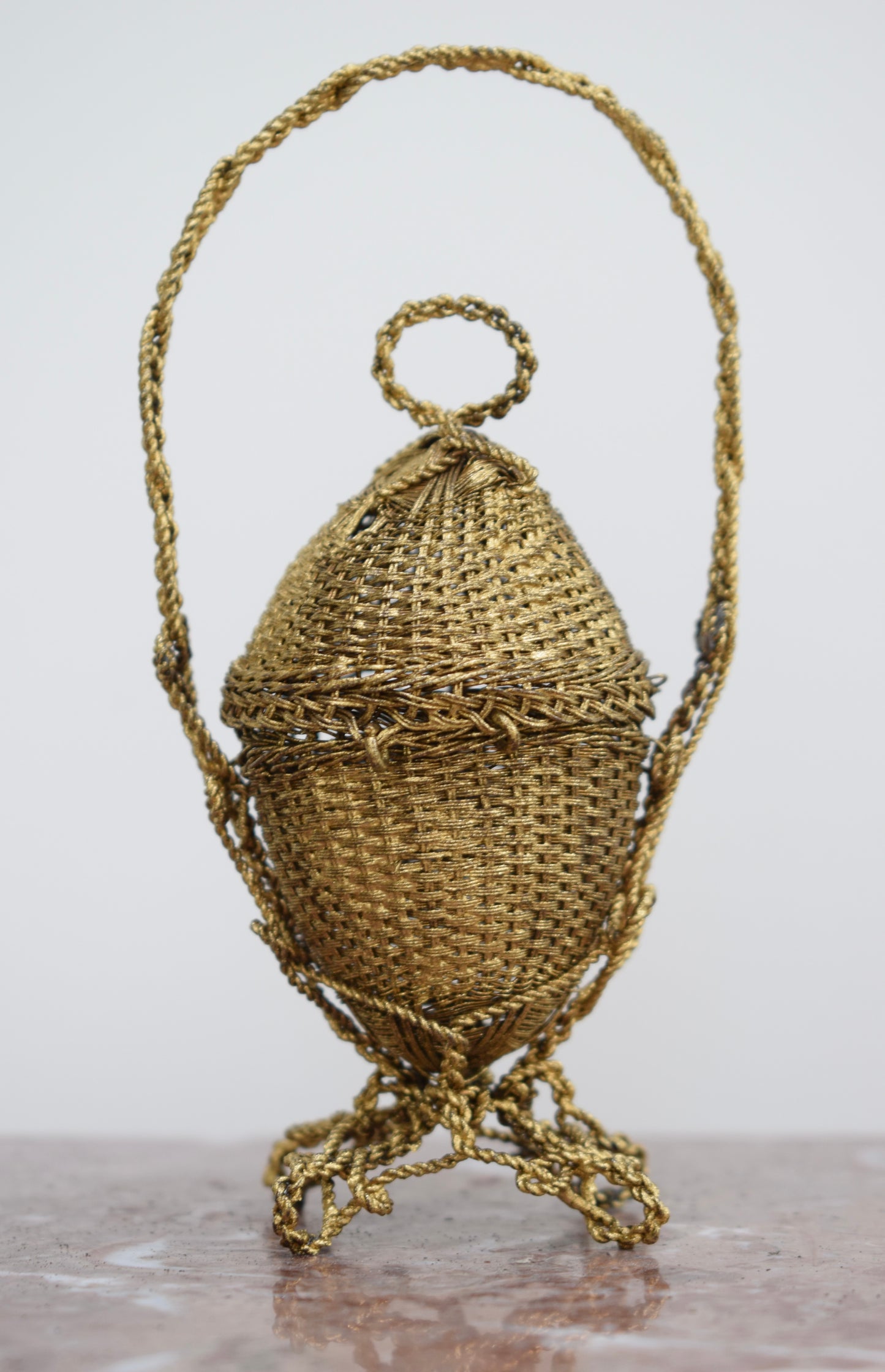 Filigree Egg Trinket Box, Vintage Handmade Wire Box, Sewing Case, Jewelry Box Basket