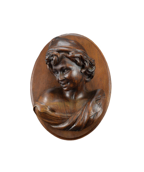 Renaissance Revival Girl Woman Carved Wood Wall Panel Medallion