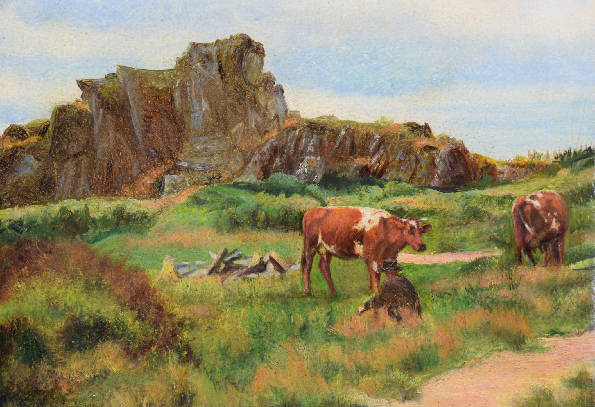 Vintage Oil Painting On Canvas Cows Mountain French School