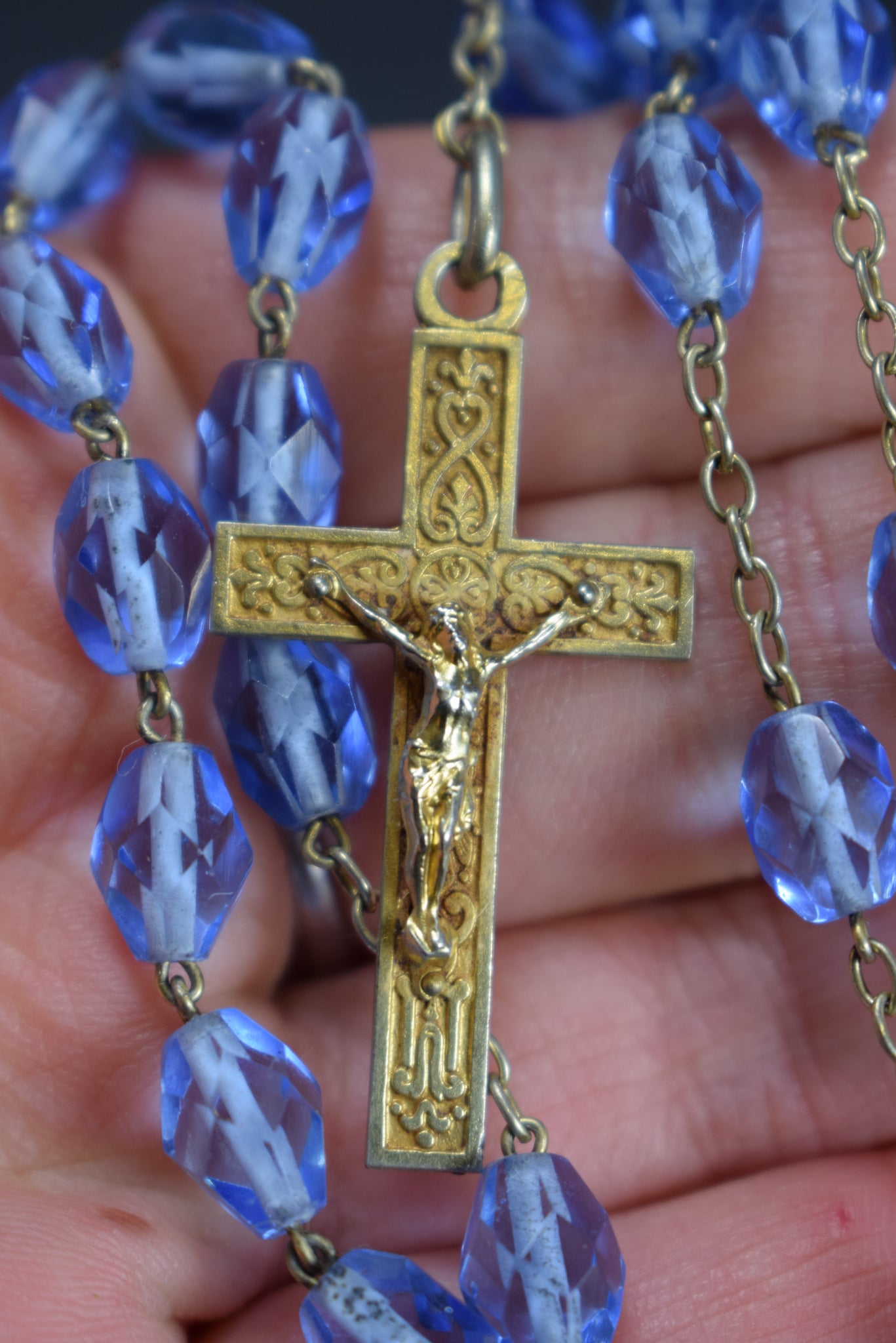 Art Nouveau Blue Oval Faceted Beads Gold Rosary