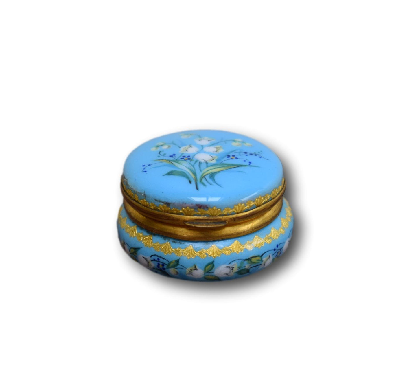 Victorian Enamel Pill Box Lily of the Valley Blue Turquoise