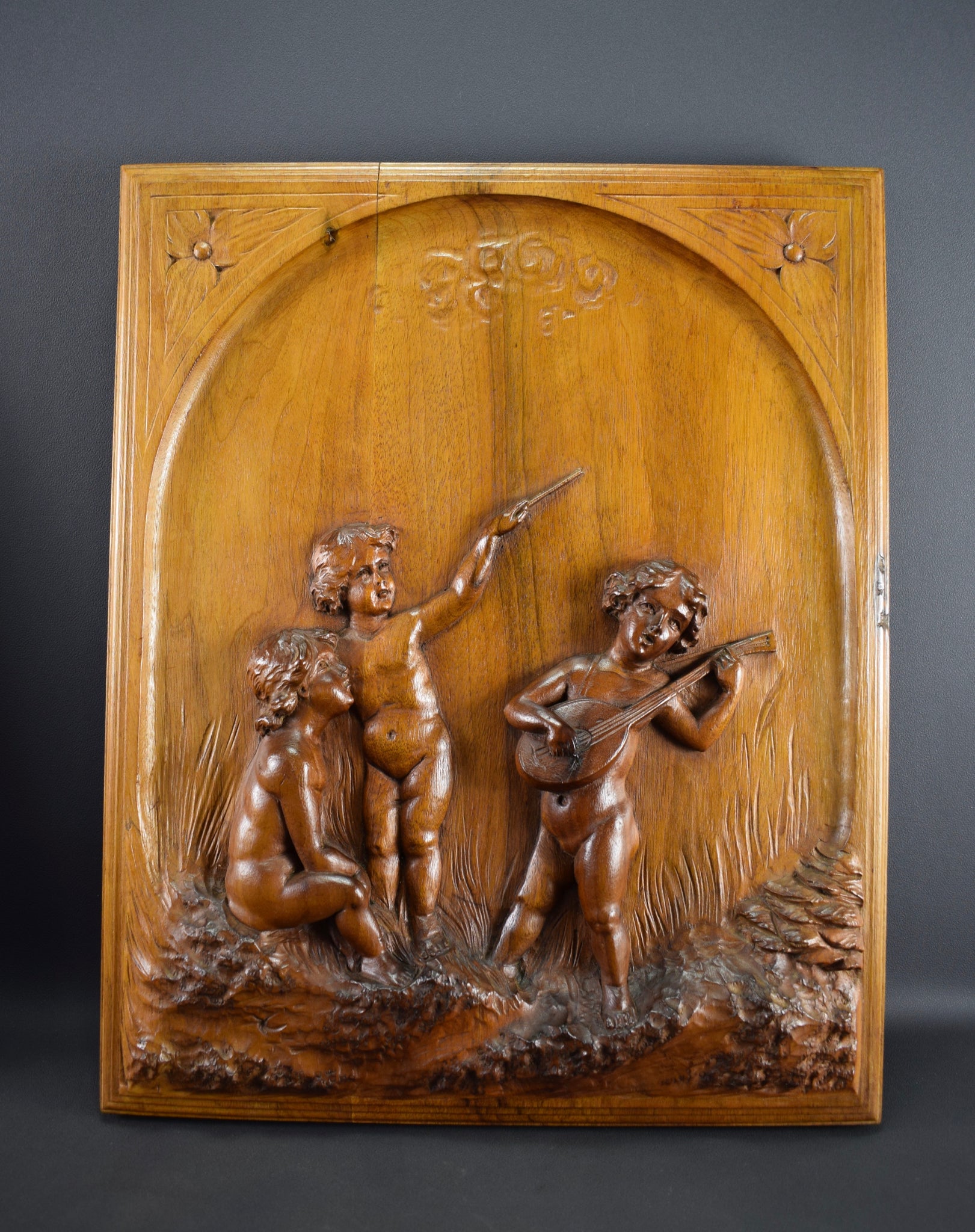 Vintage Pair of French Cherub Hand Carved Walnut Wood Panels 19th