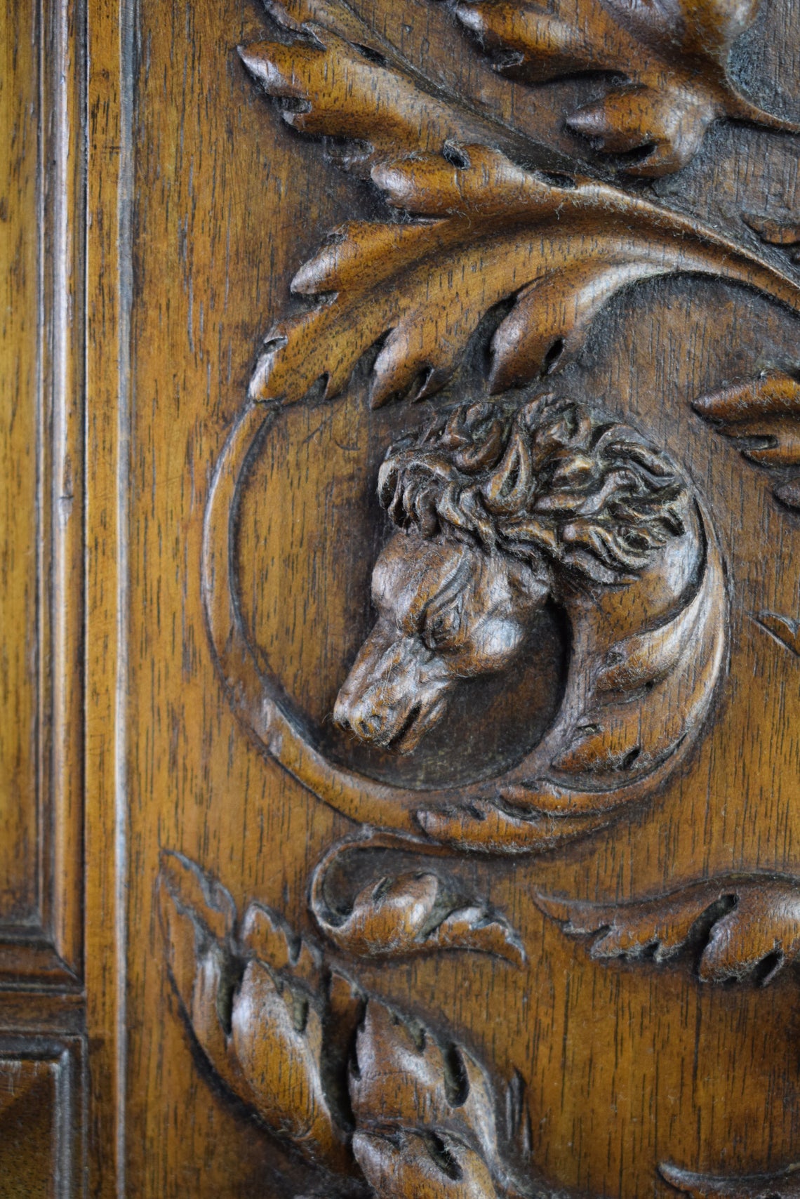 French Antique Hand Carved Wood Cupboard Horse and Bird head 19th