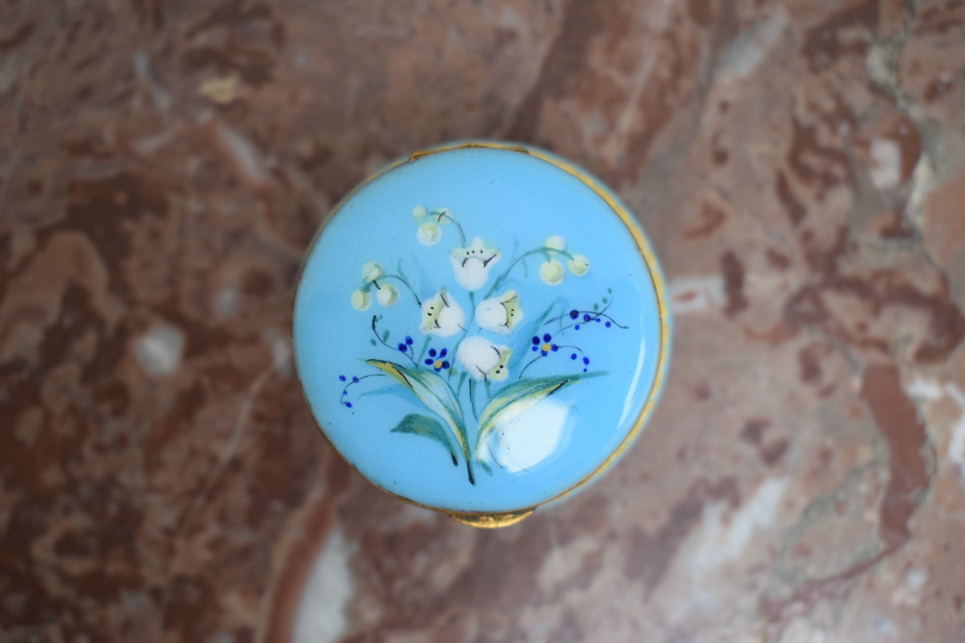 Victorian Enamel Pill Box Lily of the Valley Blue Turquoise