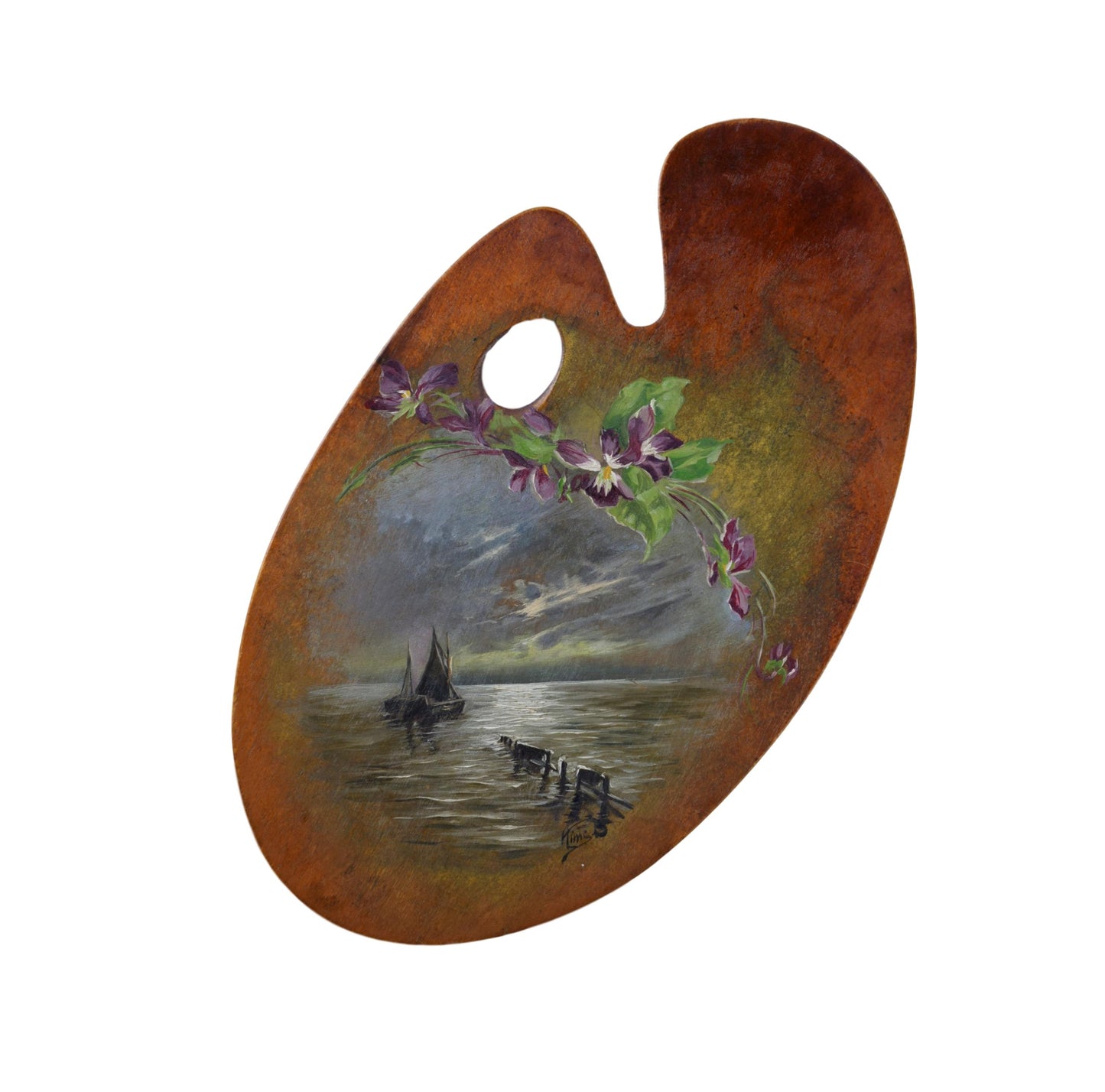 French Antique Oil Painting Seascape Sailboat Boat on Wood Artist Palette Signed