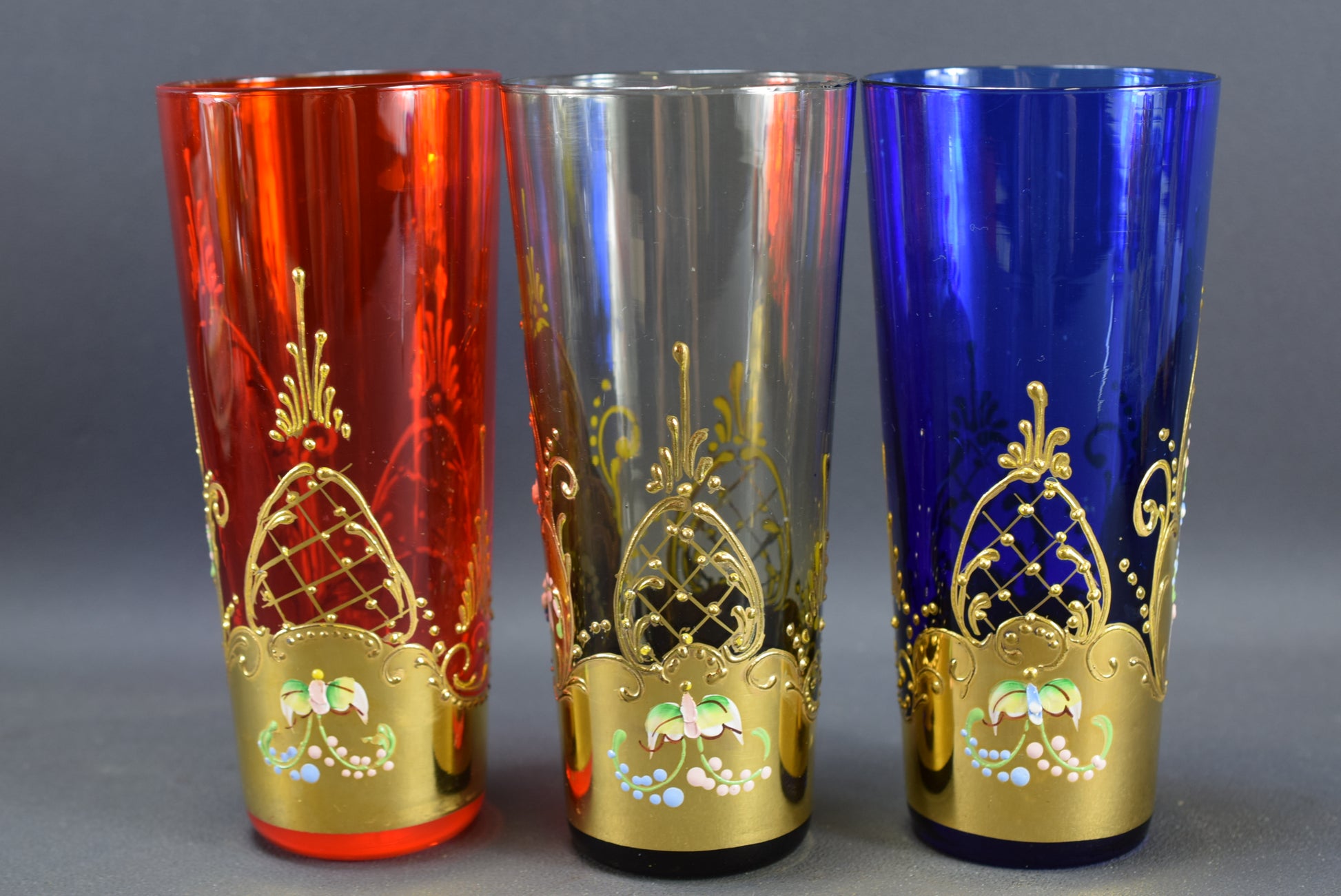 Set of Three Italian Vintage Murano Glass Orangeade Goblet Enamel Flower & 24K Gold
