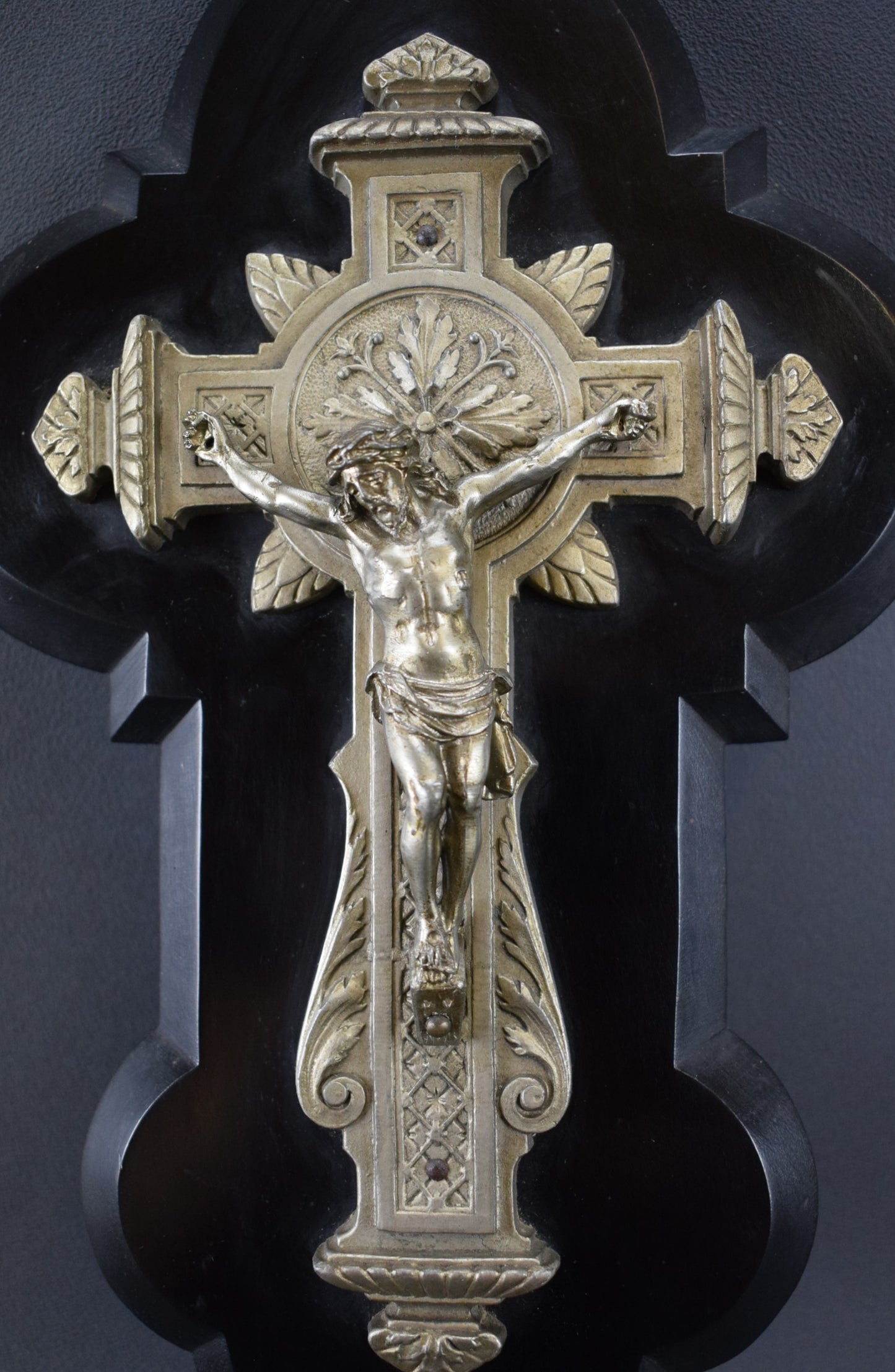 French Antique Black Wall Crucifix Holy Water Font