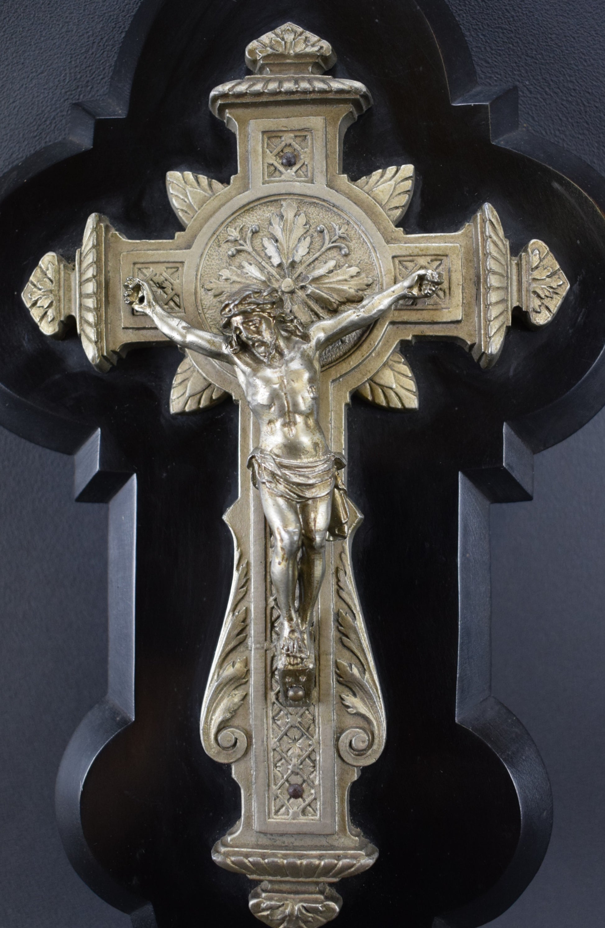 French Antique Black Wall Crucifix Holy Water Font