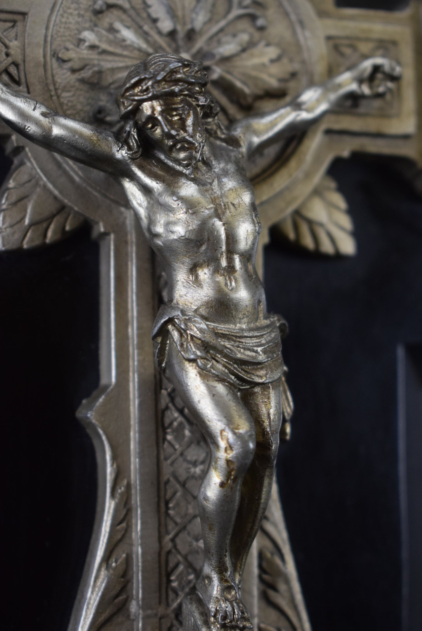French Antique Black Wall Crucifix Holy Water Font