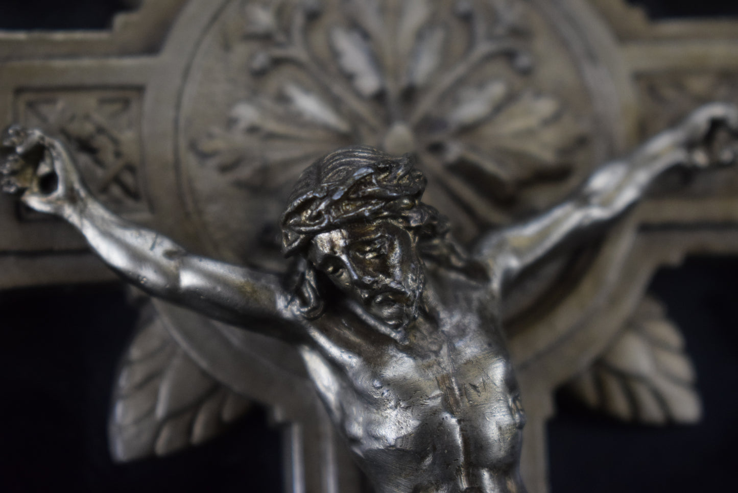 French Antique Black Wall Crucifix Holy Water Font