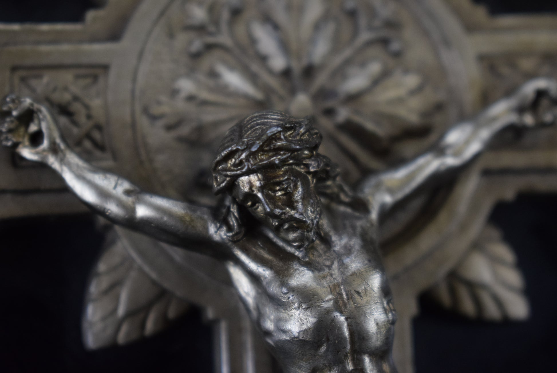 French Antique Black Wall Crucifix Holy Water Font