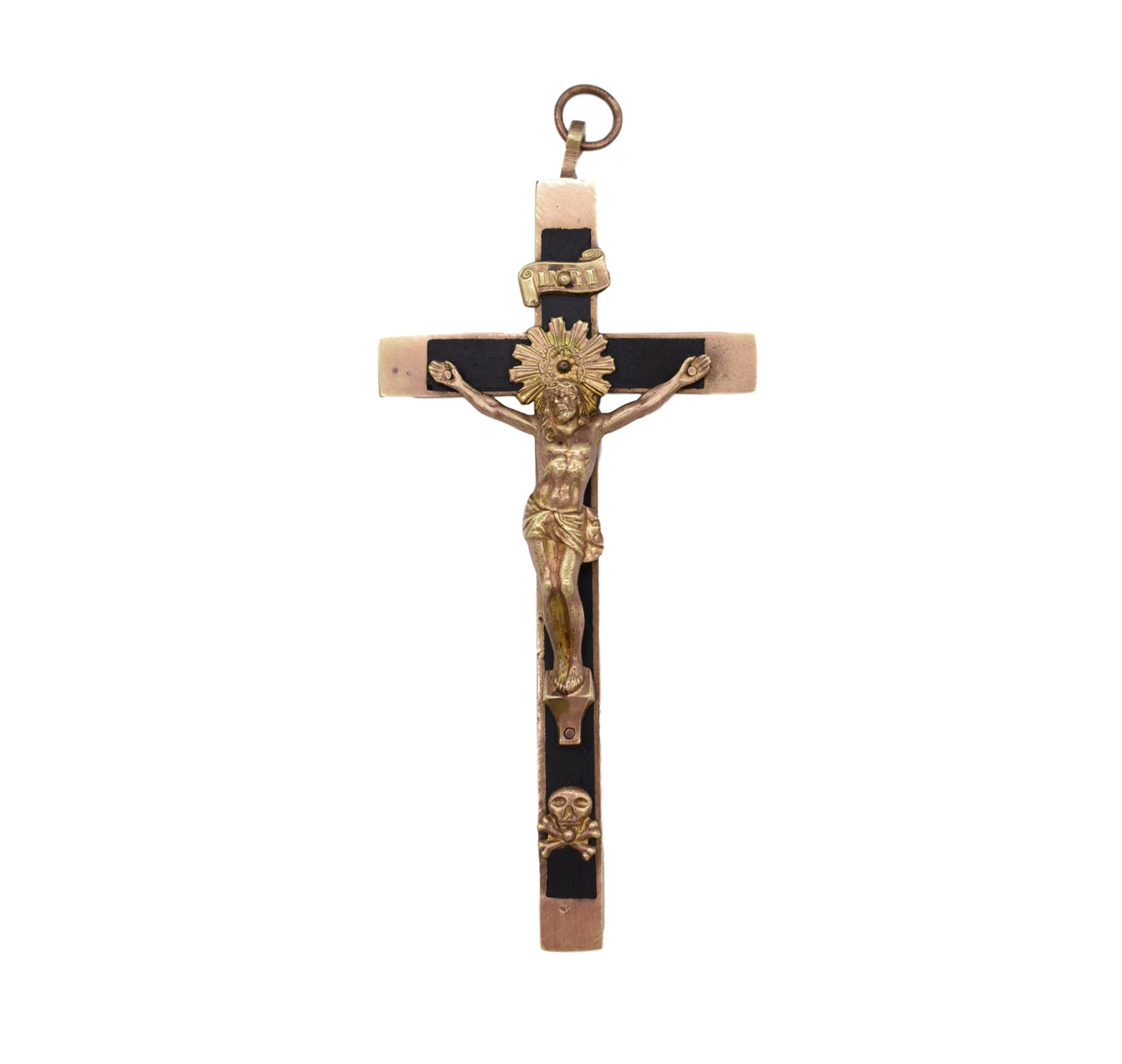 French Brass Ebony Inlay Nun's Pectoral Wall Cross Crucifix Skull