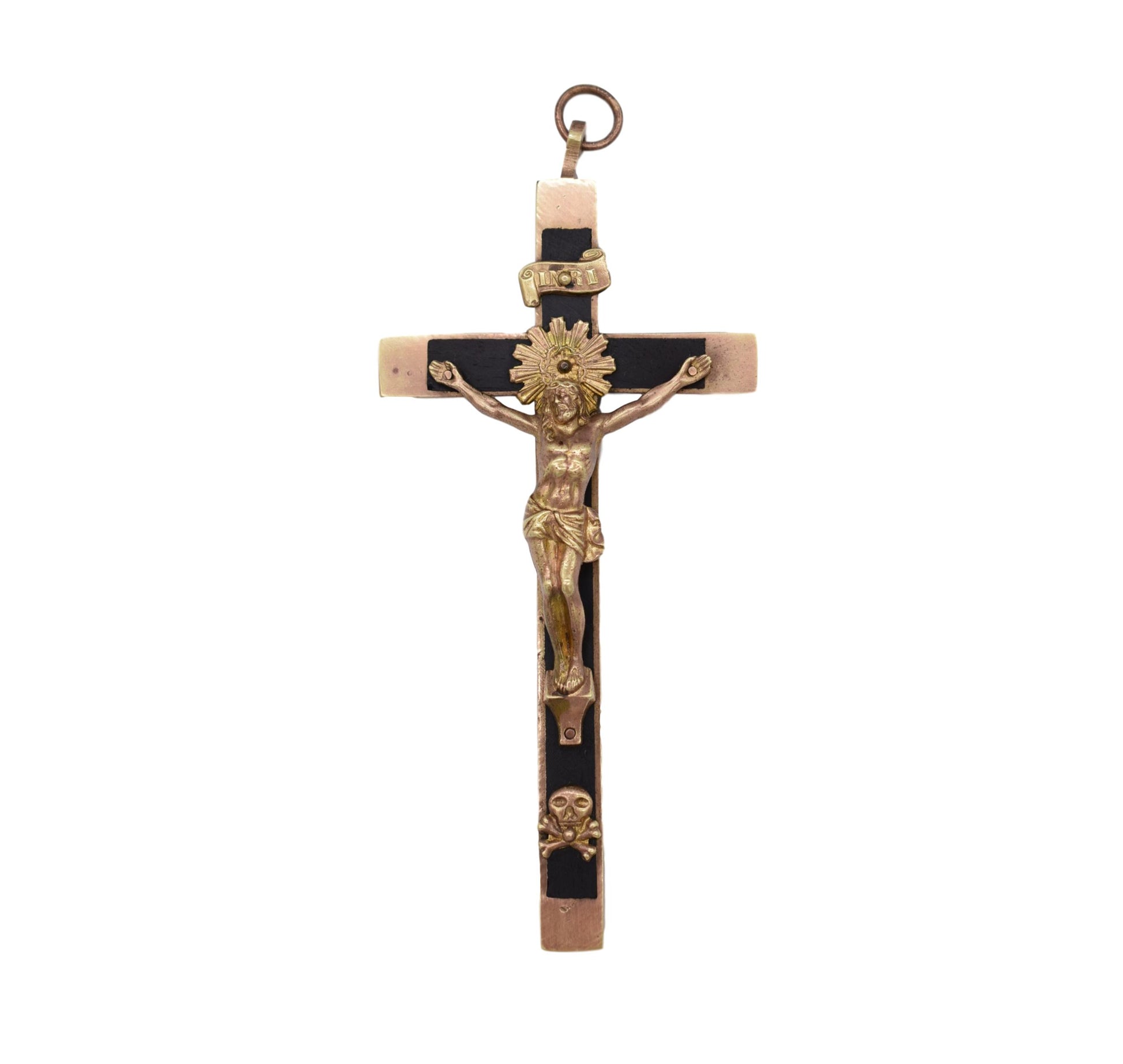 French Brass Ebony Inlay Nun's Pectoral Wall Cross Crucifix Skull