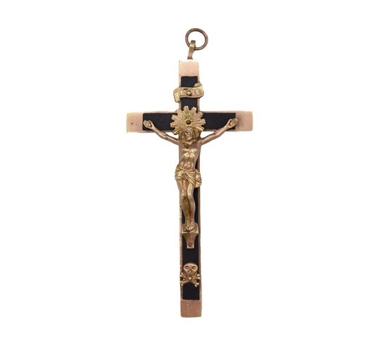French Brass Ebony Inlay Nun's Pectoral Wall Cross Crucifix Skull