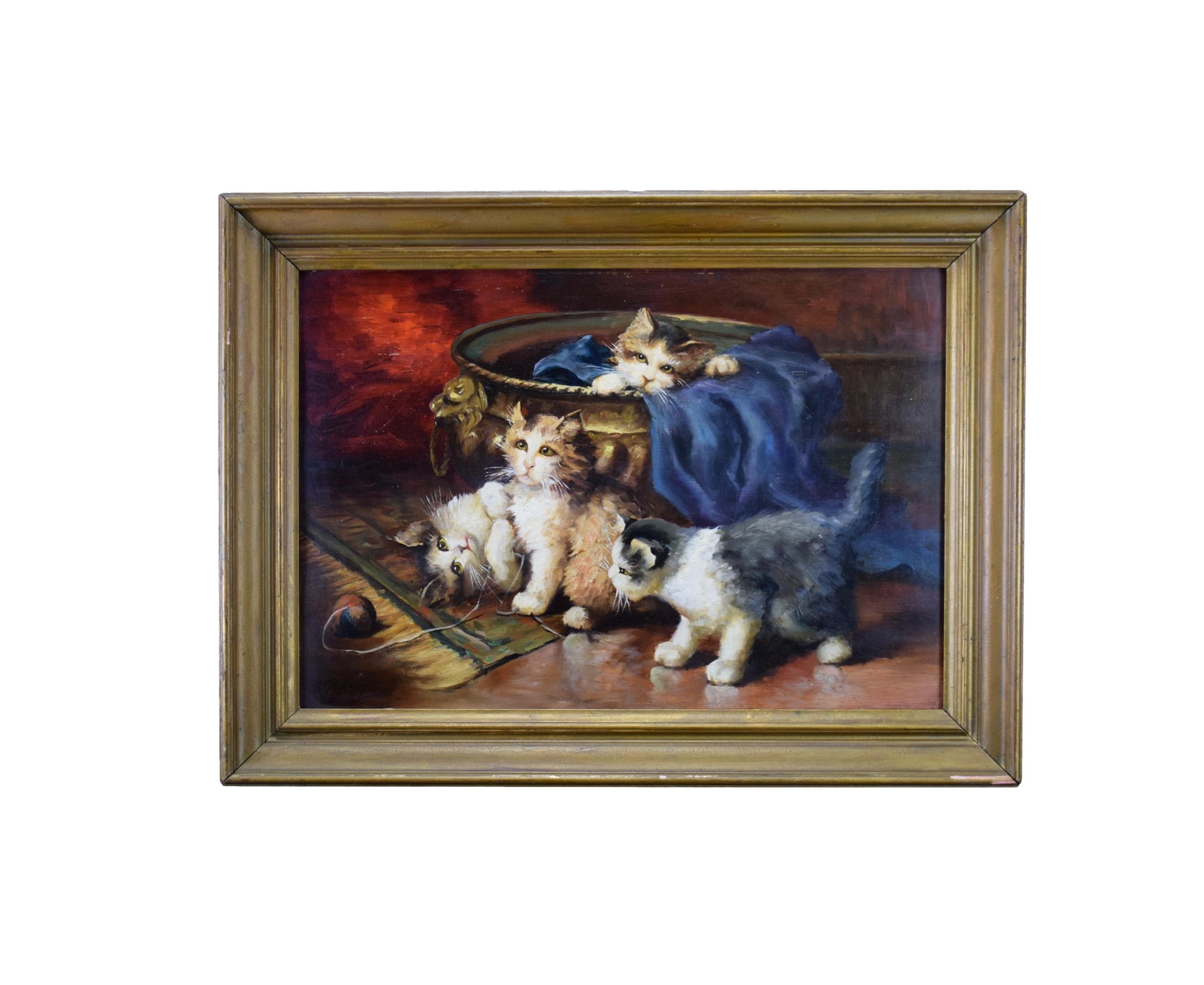 Kitten Oil Painting on Wood Panel After Leon Huber Original Art Vintage Frame