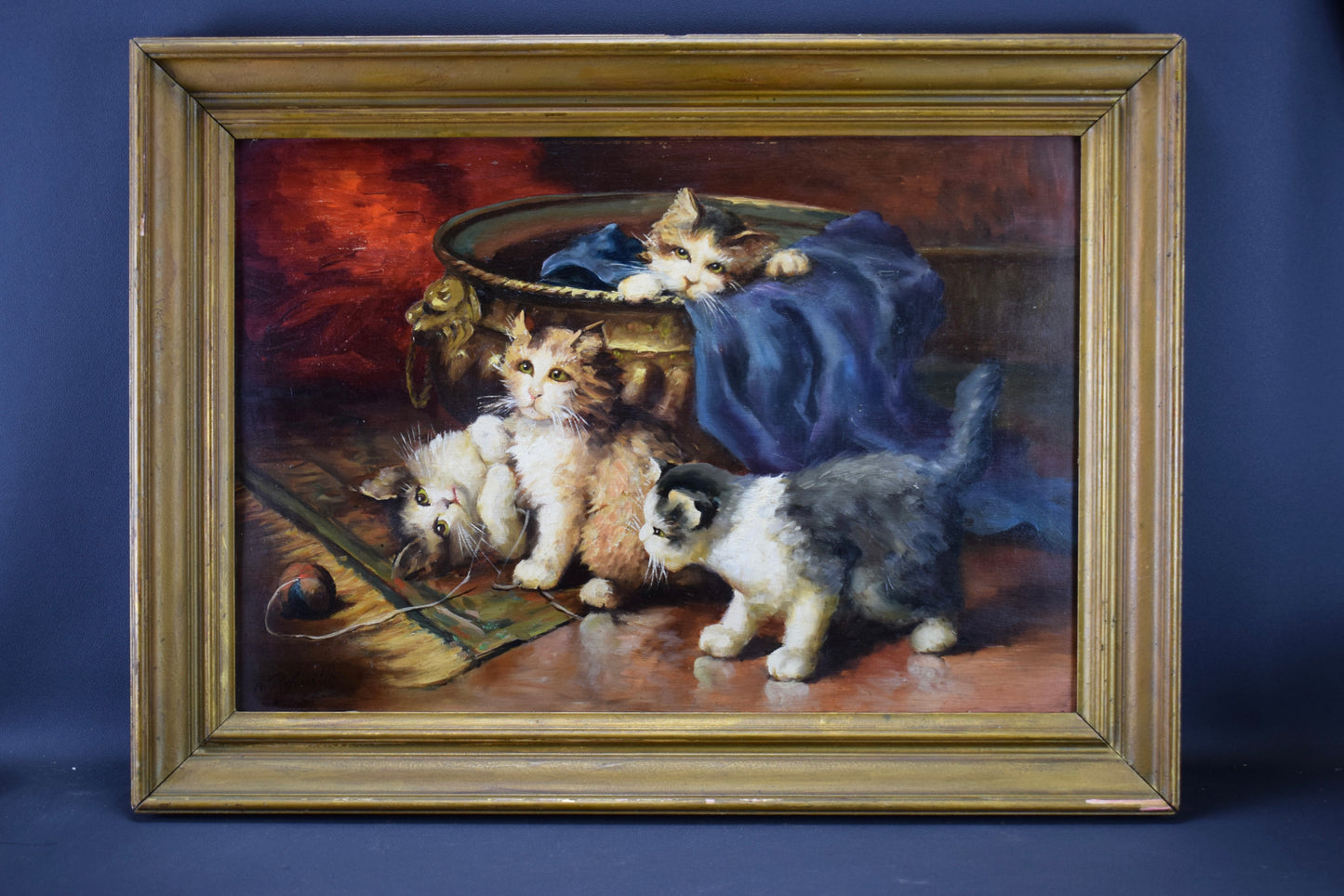 Kitten Oil Painting on Wood Panel After Leon Huber