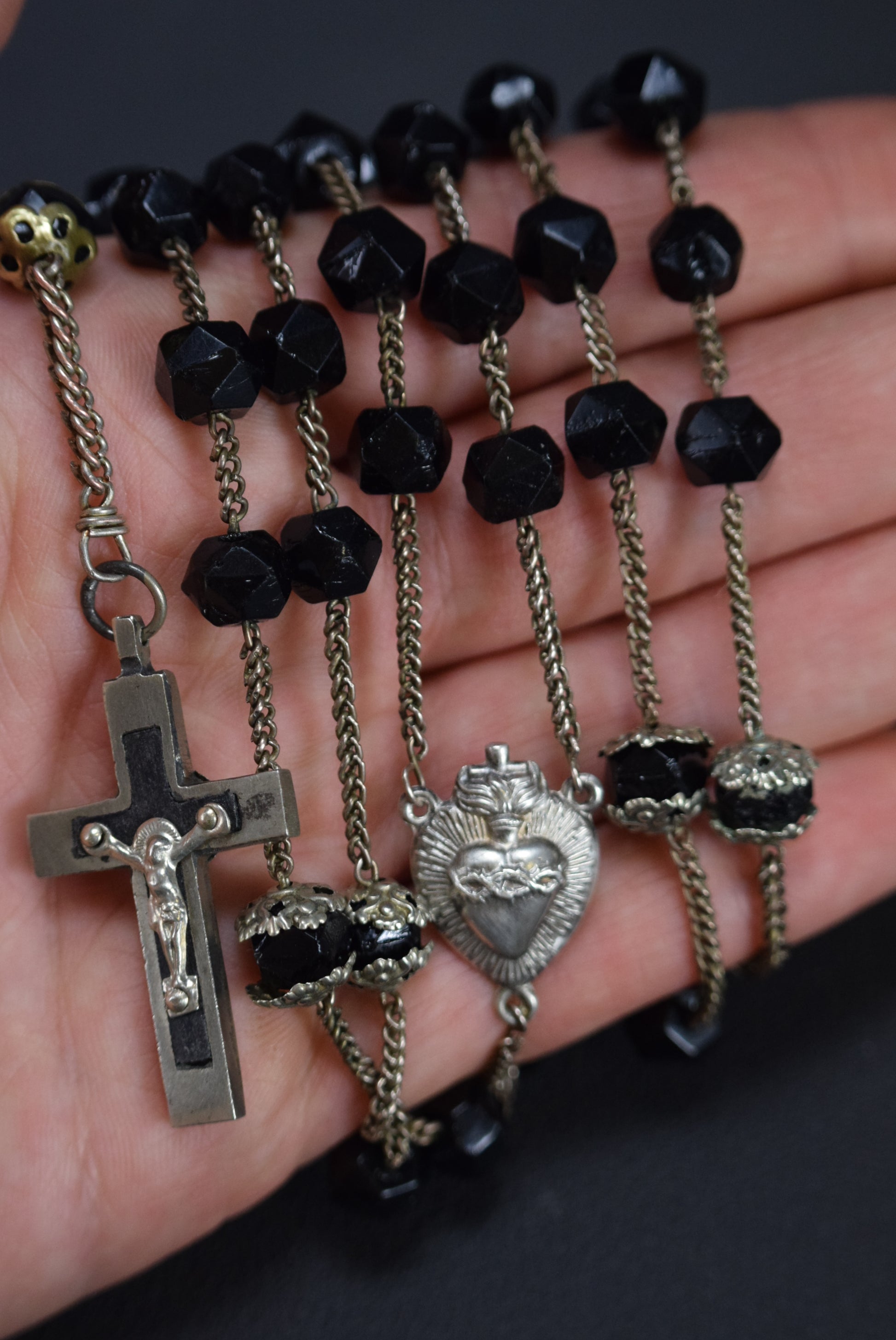 Rare Antique Black Beads Saced Heart Rosary Lourdes