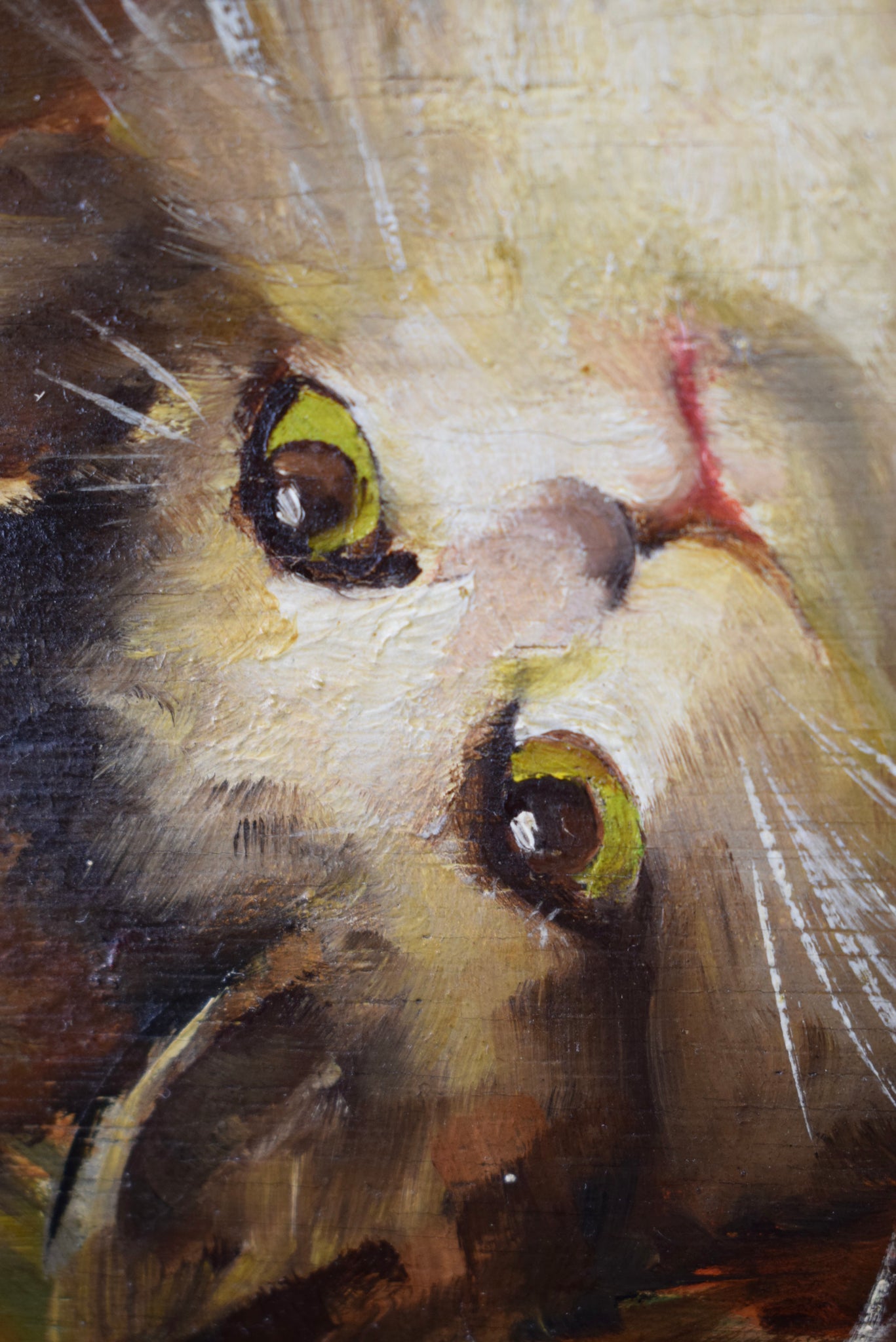 Kitten Oil Painting on Wood Panel After Leon Huber Original Art Vintage Frame