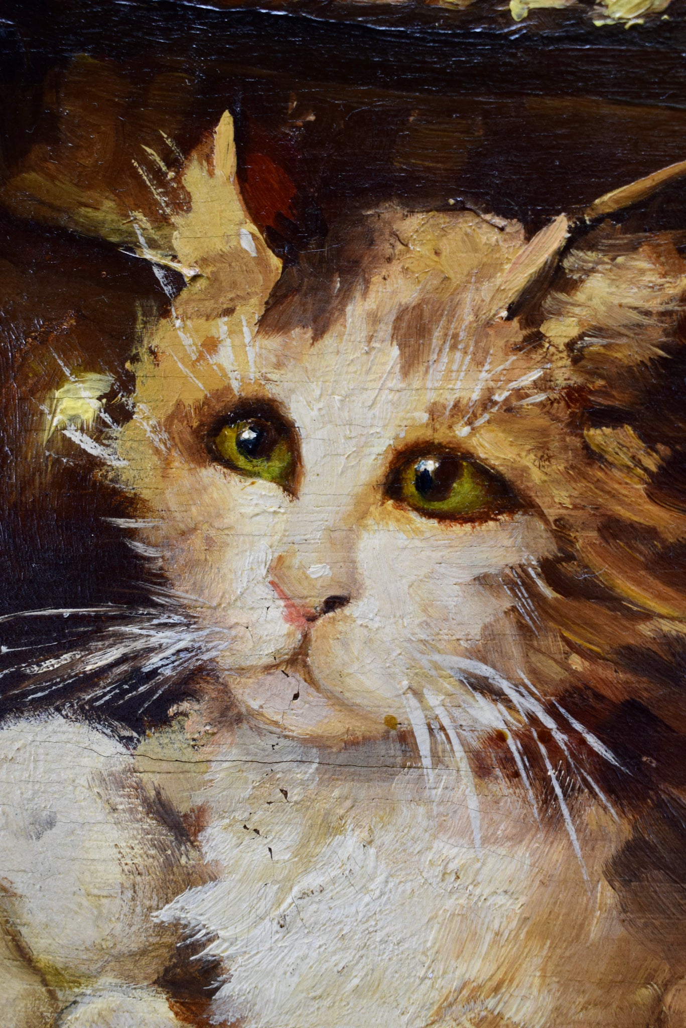 Kitten Oil Painting on Wood Panel After Leon Huber Original Art Vintage Frame