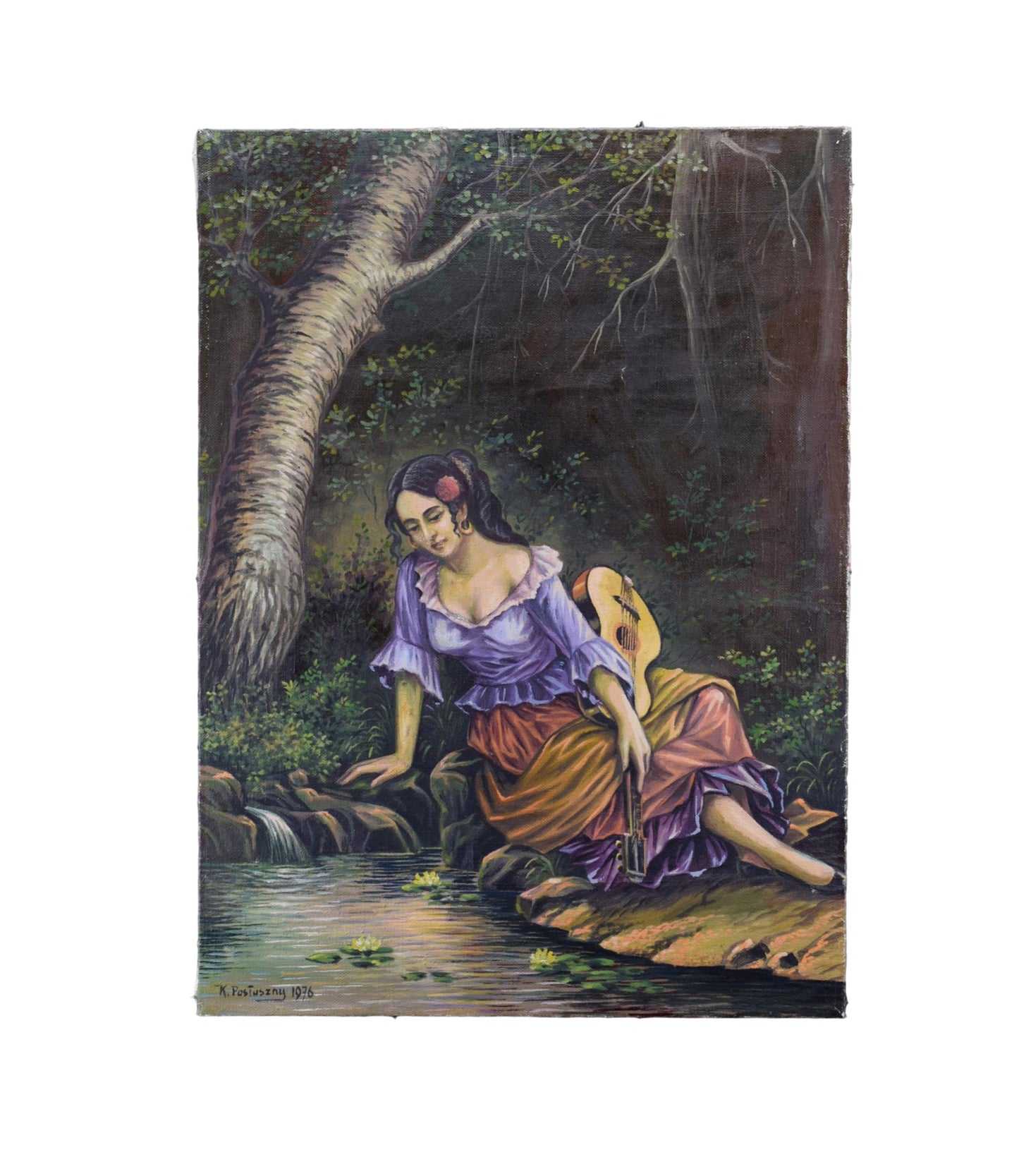 Vintage Gypsy Playing Guitare Oil Painting on Canvas Signed