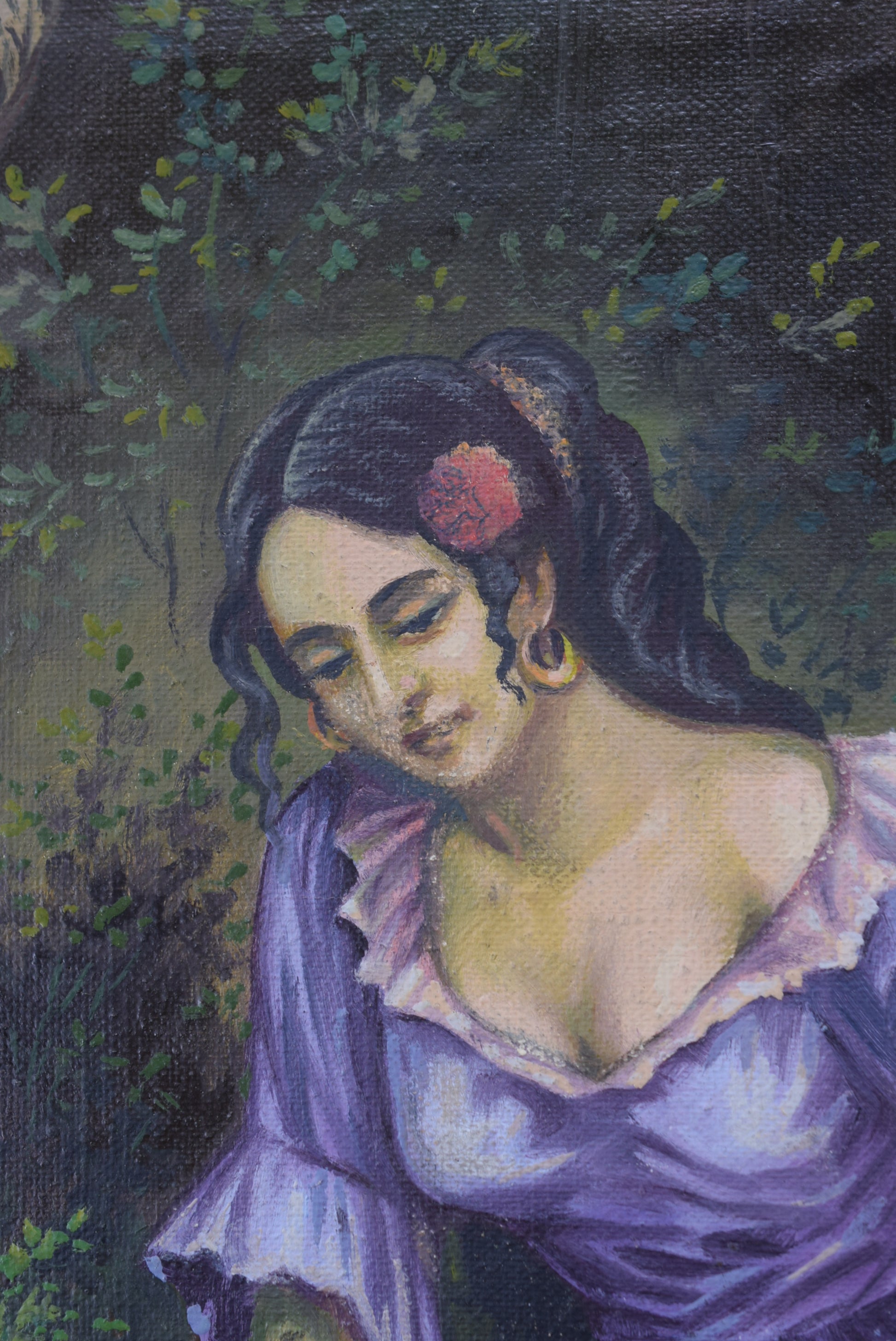 Vintage Gypsy Playing Guitare Oil Painting on Canvas Signed