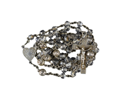 Sterling Silver and Faceted Beads Rosary Vintage Filigree