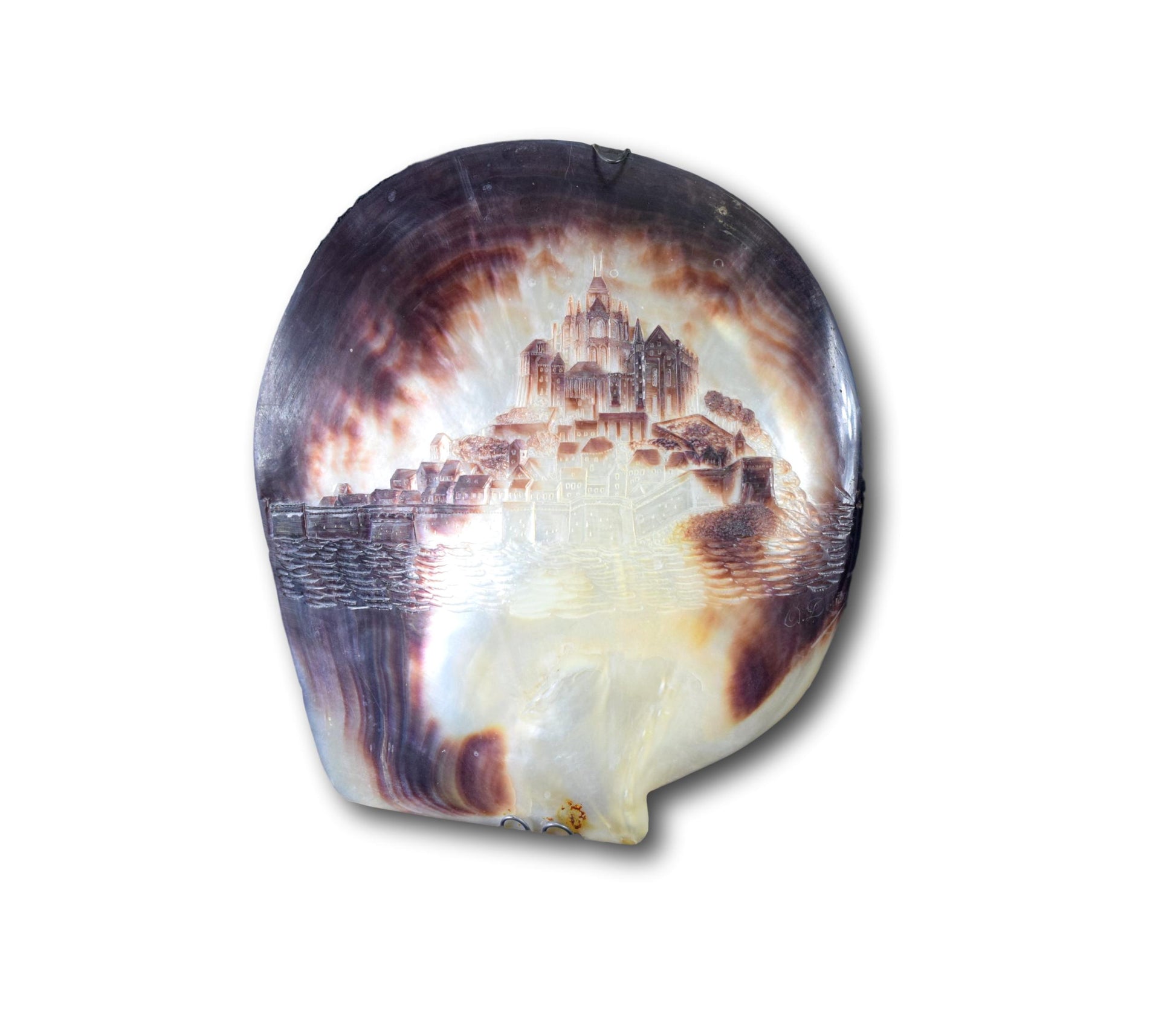 Victorian Grand Tour Mont Saint Michel Carved Shell Plaque Mother of Pearl