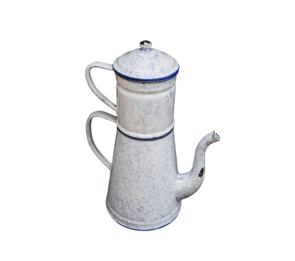 Vintage Coffee Pot : Dark Navy Blue Trim White French Enamel