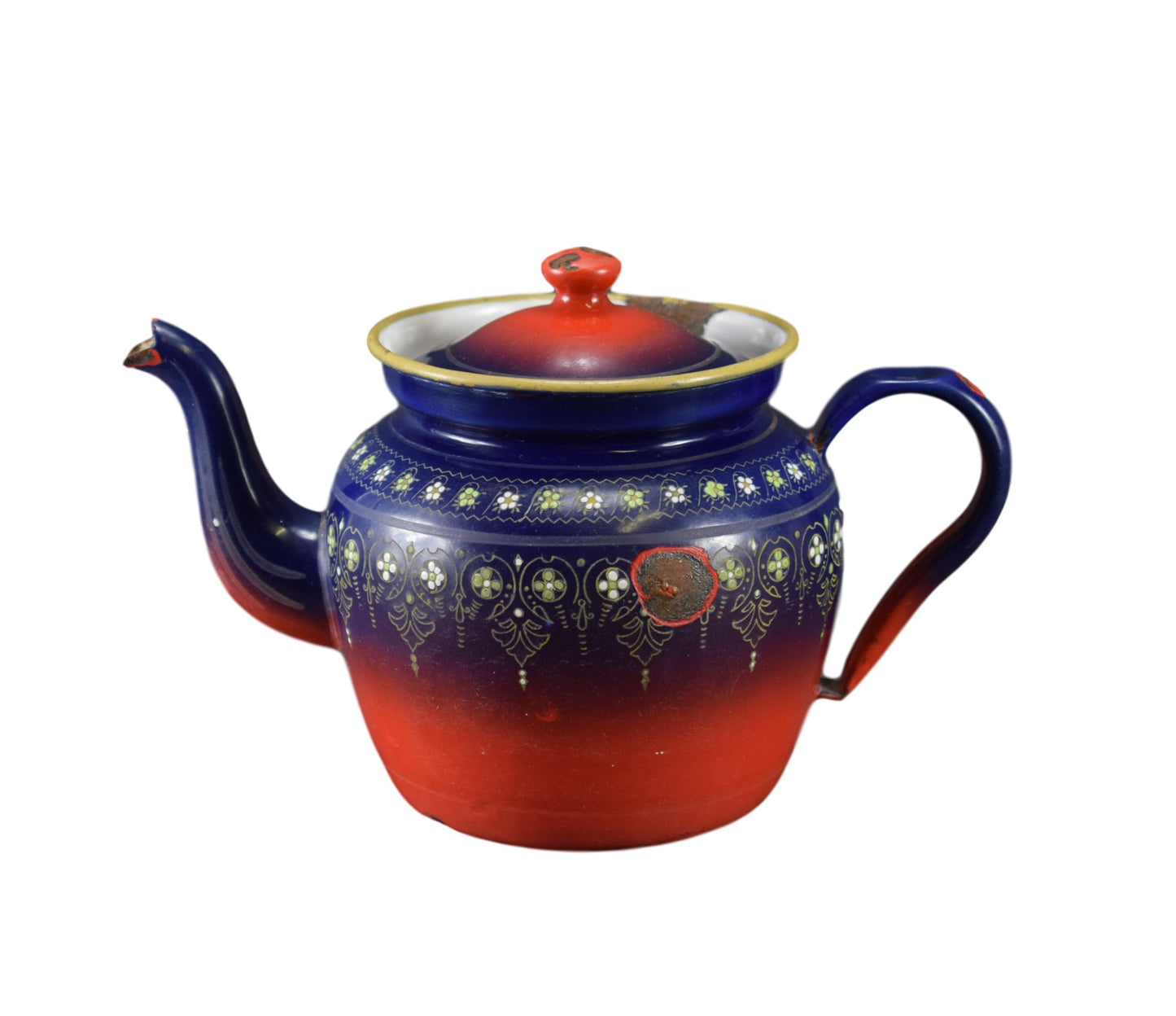 French Vintage Red and Blue Enamel Tea Pot BB Mark Kitchenalia