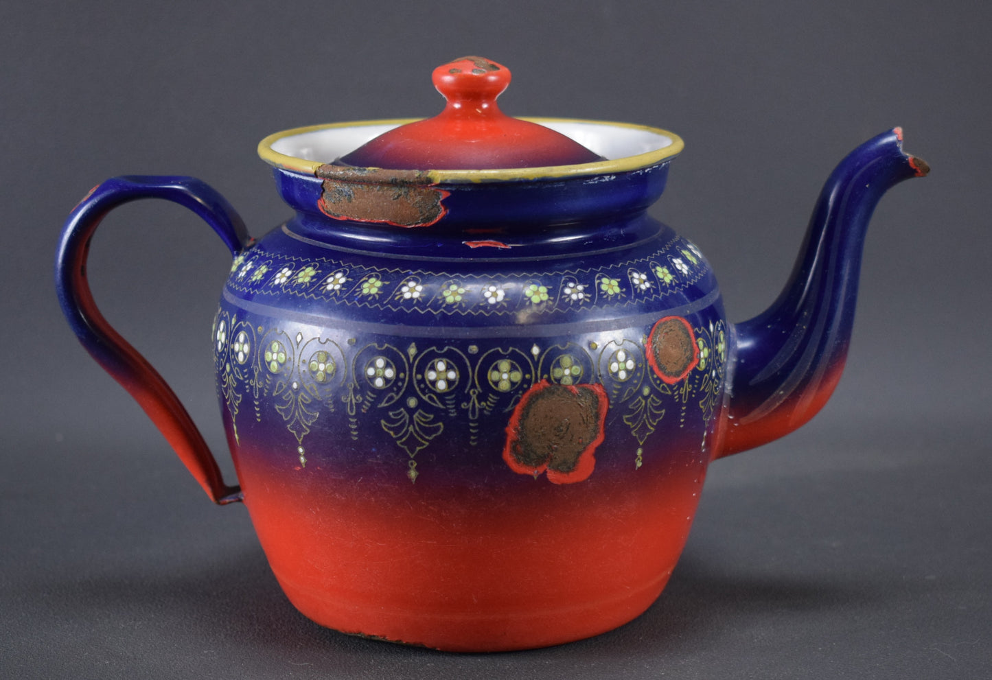French Vintage Red and Blue Enamel Tea Pot BB Mark Kitchenalia