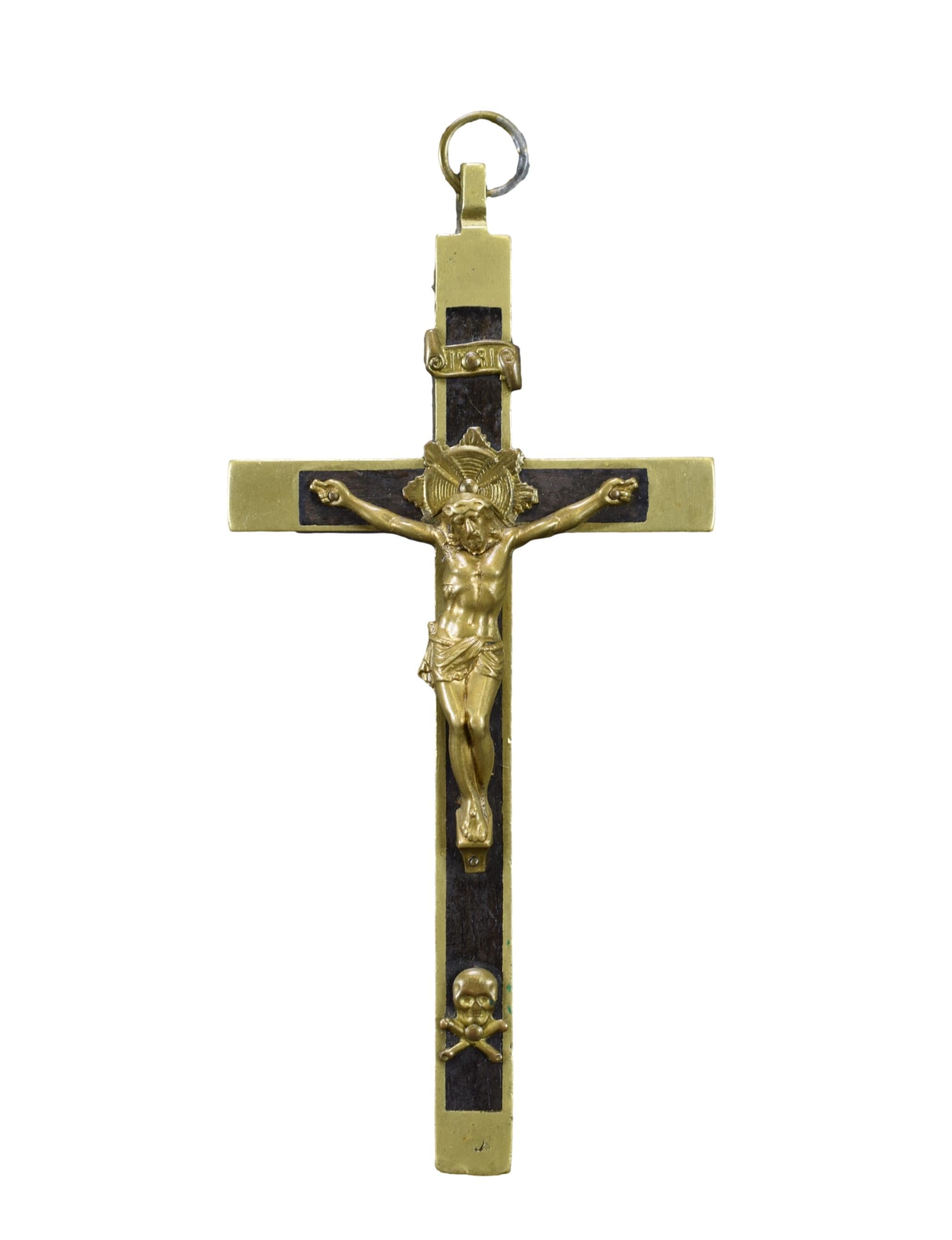 Antique pectoral religious skull & cross bones 4 nail crucifix store pendant in bronze and ebony wood inlay