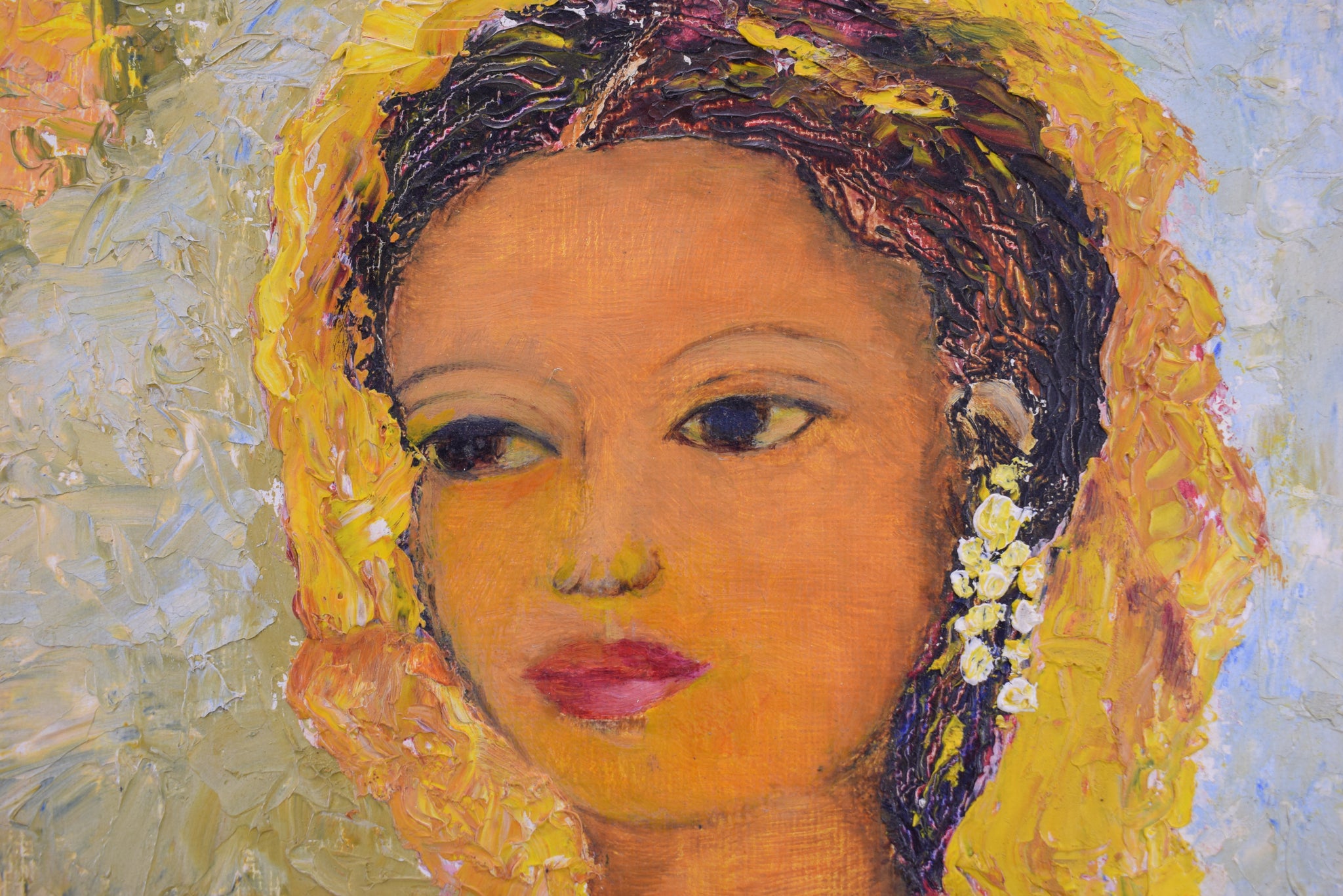 Yellow Oil Painting Woman Portrait Flowers