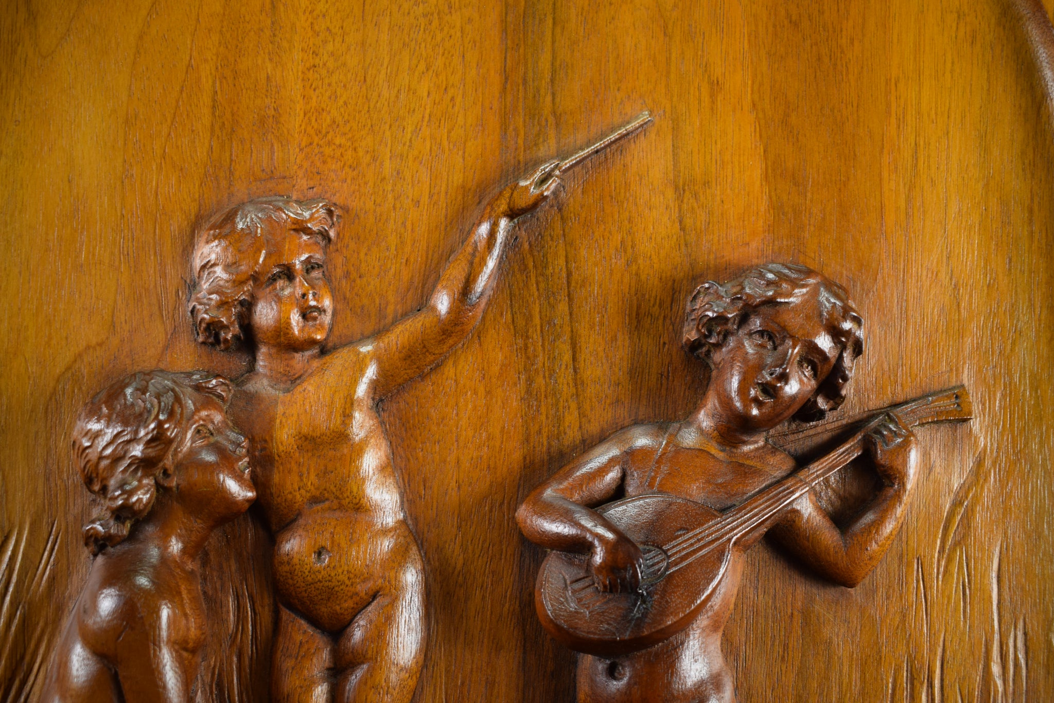 Vintage Pair of French Cherub Hand Carved Walnut Wood Panels 19th