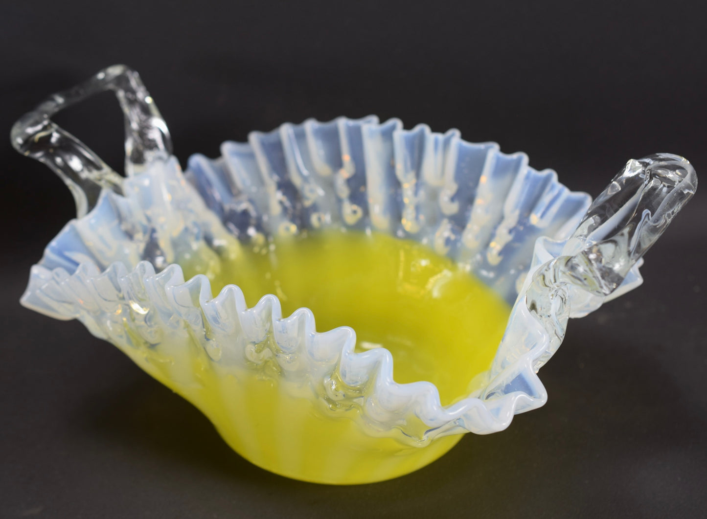 Victorian White & Yellow Vaseline Glass Basket Trinket Fruits Bowl