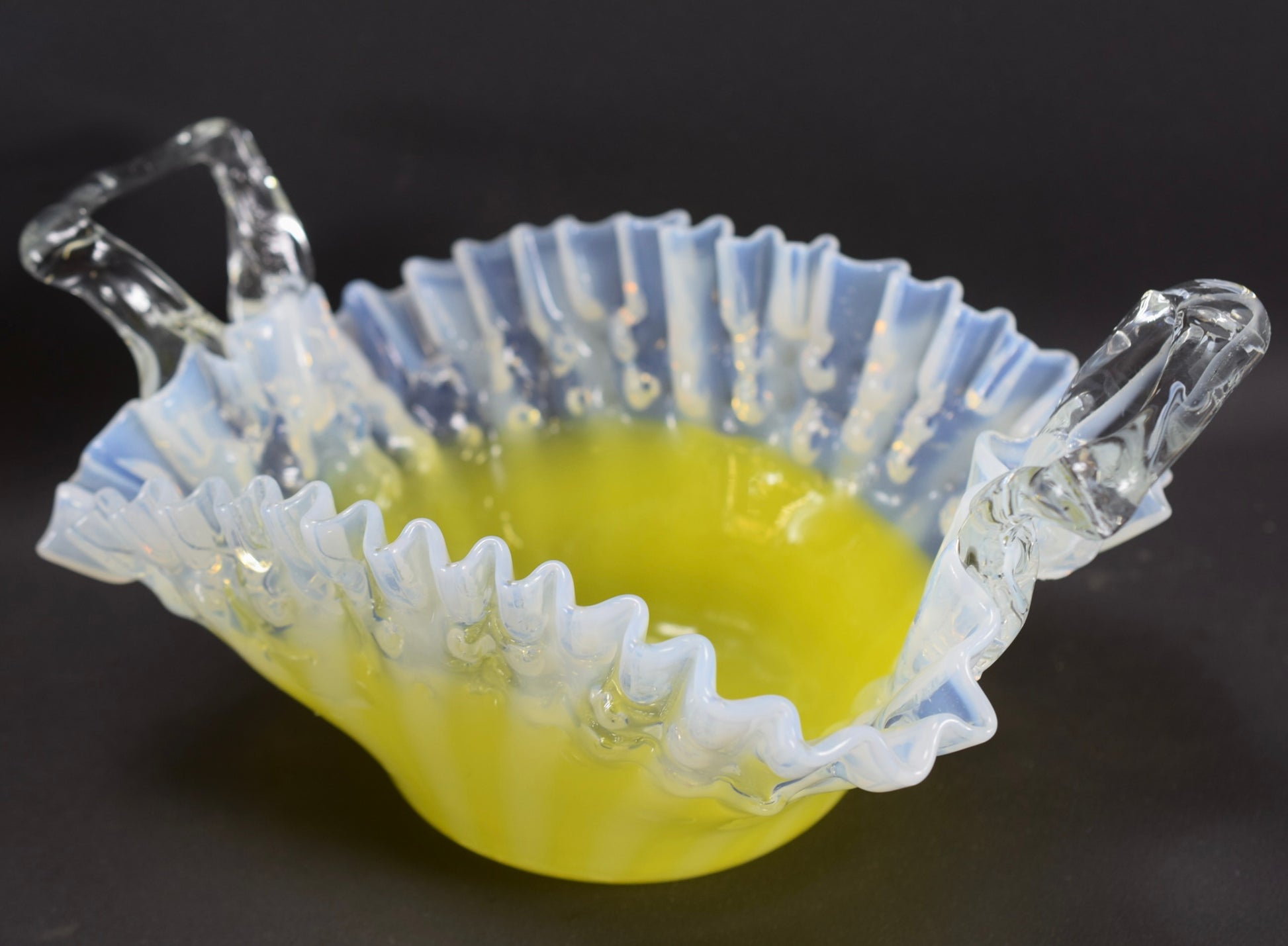 Victorian White & Yellow Vaseline Glass Basket Trinket Fruits Bowl
