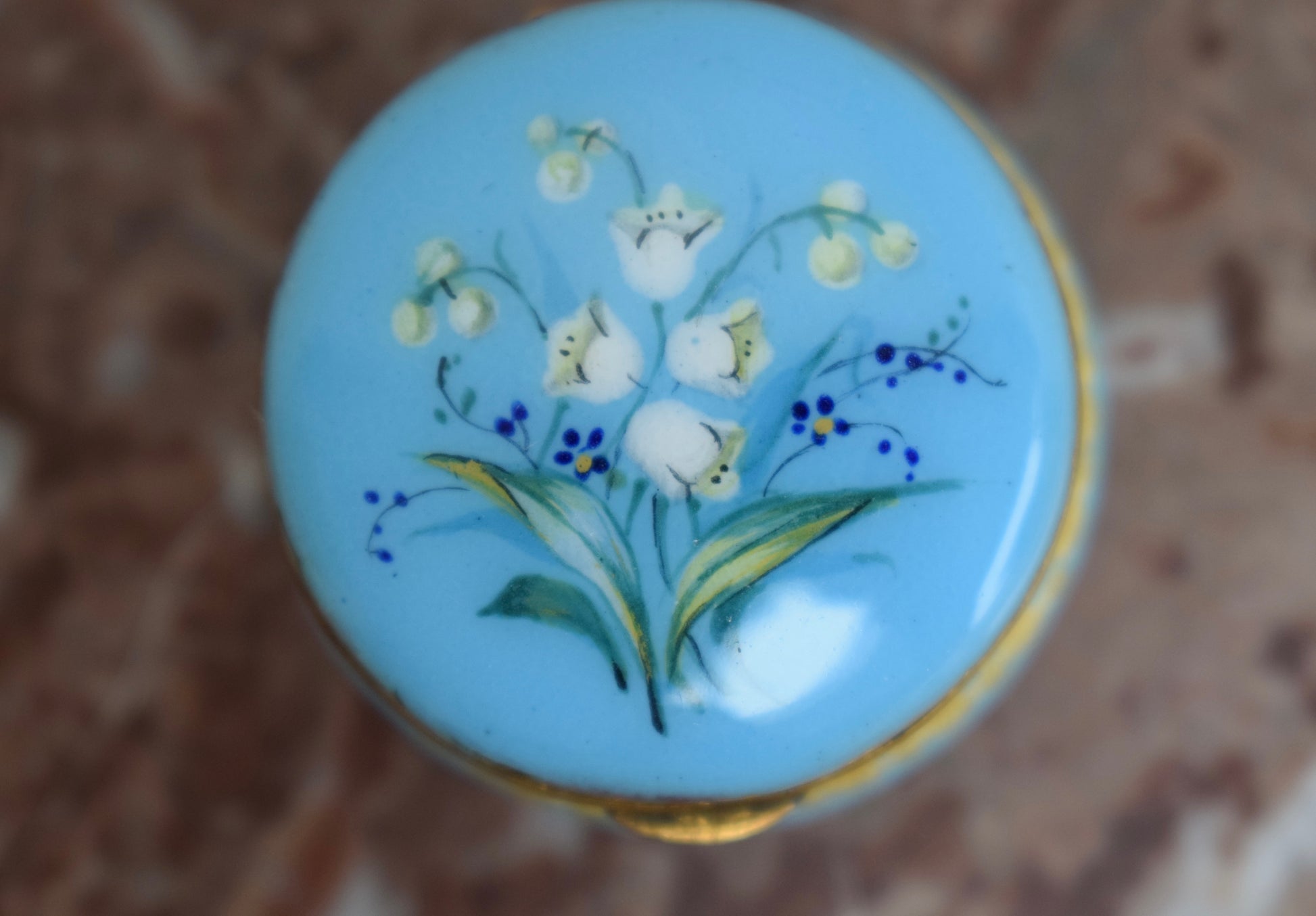 Victorian Enamel Pill Box Lily of the Valley Blue Turquoise